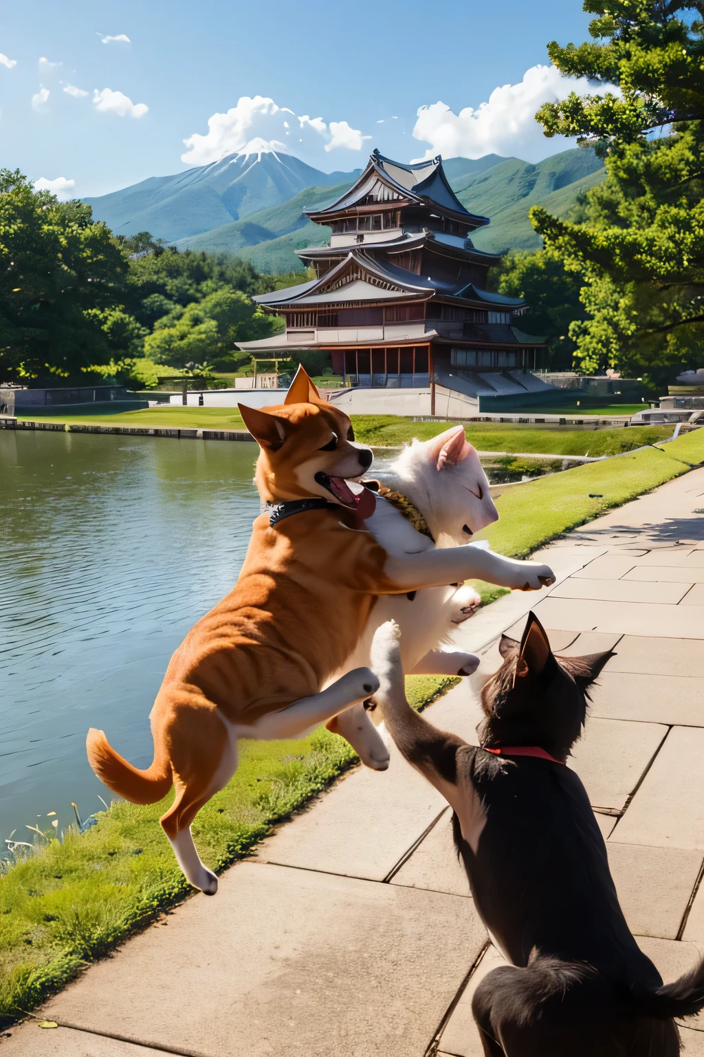 Dog and cat wrestling in a Japanese castle