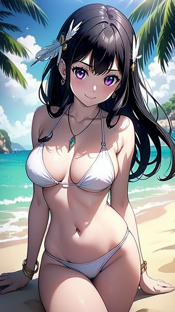 masterpiece, best quality, 1 solo girl, black hair, purple eyes, long hair, medium breasts, sexy body and face, wavy hair, smile, white bikini, pendant, bracelet, jewelry, earrings, feather hair ornament, ball, lying at the sand, summer, sexy pose, cowboy shots, detailed body, face, and eyes, sharp focus, vibrant, creative, dynamic, high definition, high resolution, 8k, (Upscale: R-ESRGAN 4x+ Anime6mage enchance:4x), voluptuous body, cinema lightning, dakimakura style, looking at the viewer,