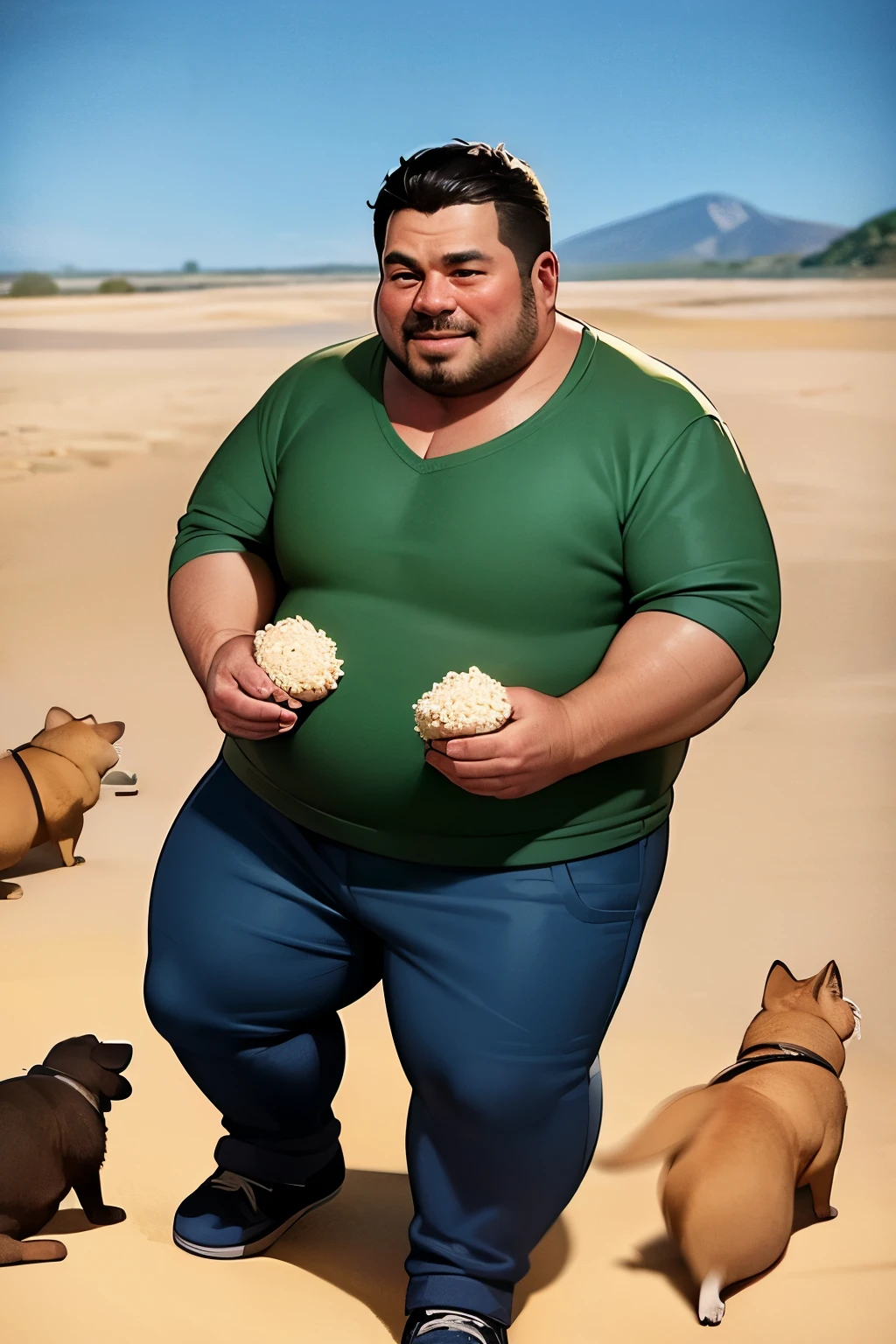 A fat middle-aged man eating rice balls in the desert is attacked by armed dogs
