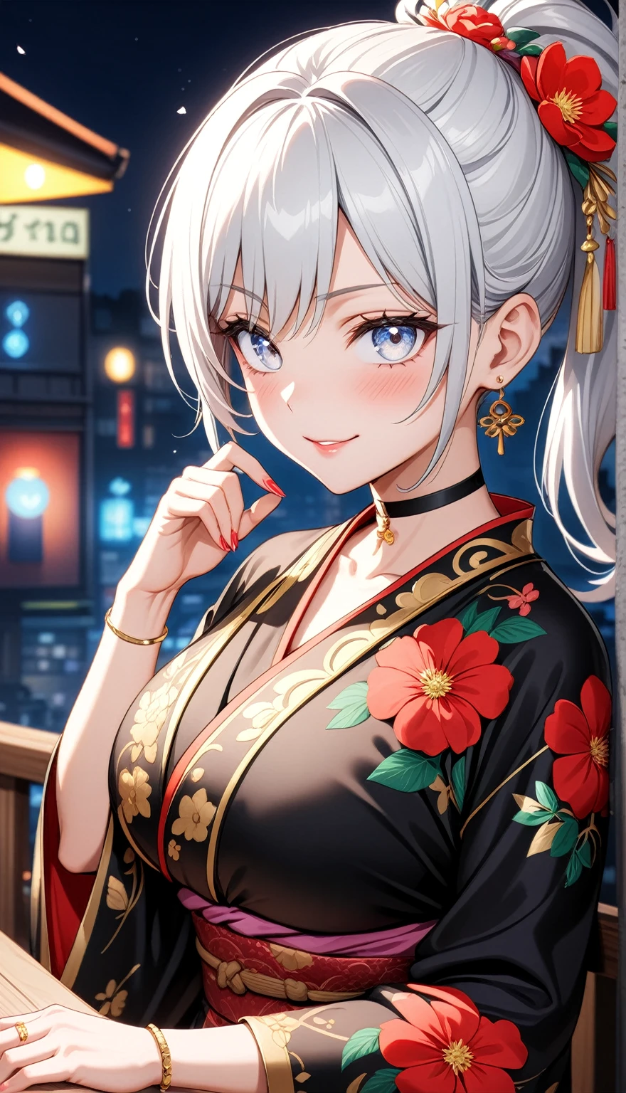 ((one personの女性)), Beautiful Face,(a woman in a sophisticated and alluring pose. She is sitting on a chair with her legs crossed),((Wink:2.0)),(Bright red cheeks:1.4),Laughing with your mouth open,Glossy pink lips,Cinema lighting,night,night景が見える日本料理店,firework,((Anime style background)),masterpiece, highest quality, so beautiful, Latest, Complex details, (Pink long nails),(ring),(bracelet),(choker),AI-generated, Complex,High resolution, highest quality, super high quality,3D Images、View your viewers、3D Images,one person,Long white hair,High Ponytail,(blue eyes),Anime woman posing for a photo, ((Fine grain、Silvery white colorful eyes、Shining Eyes:1.3)),(Squint your eyes:1.1),a hyperRealistic , hyperRealistic , Realistic,Anime woman with long and white hair, Smooth anime CG art, A woman in a colorful kimono with gold embroidery, (Black kimono),Red floral pattern,Long flower hair ornament,Big earrings,Mature Body,(Big Breasts:1.1),Tall,Fine details,Narrow waist,(Face close-up:1.3), Sit on a bench,Shooting from an angle
