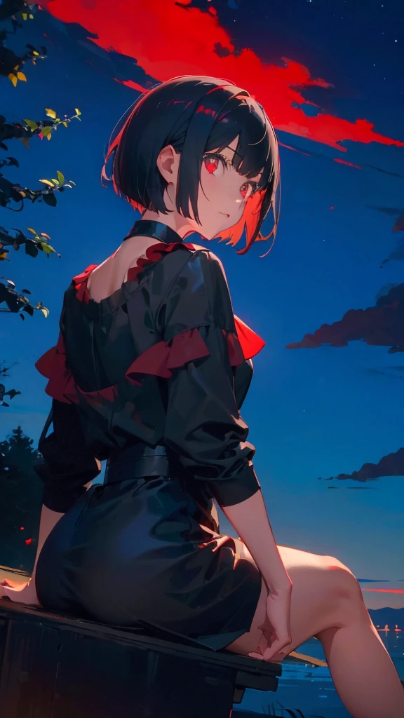 girl with short bob hair,Red eyes ,Sitting,A distant view,Looking up at the sky,Black cat by my side,View from behind,Stroking a black cat on her lap,high school girl,Wearing a red dress,Bright blue sky