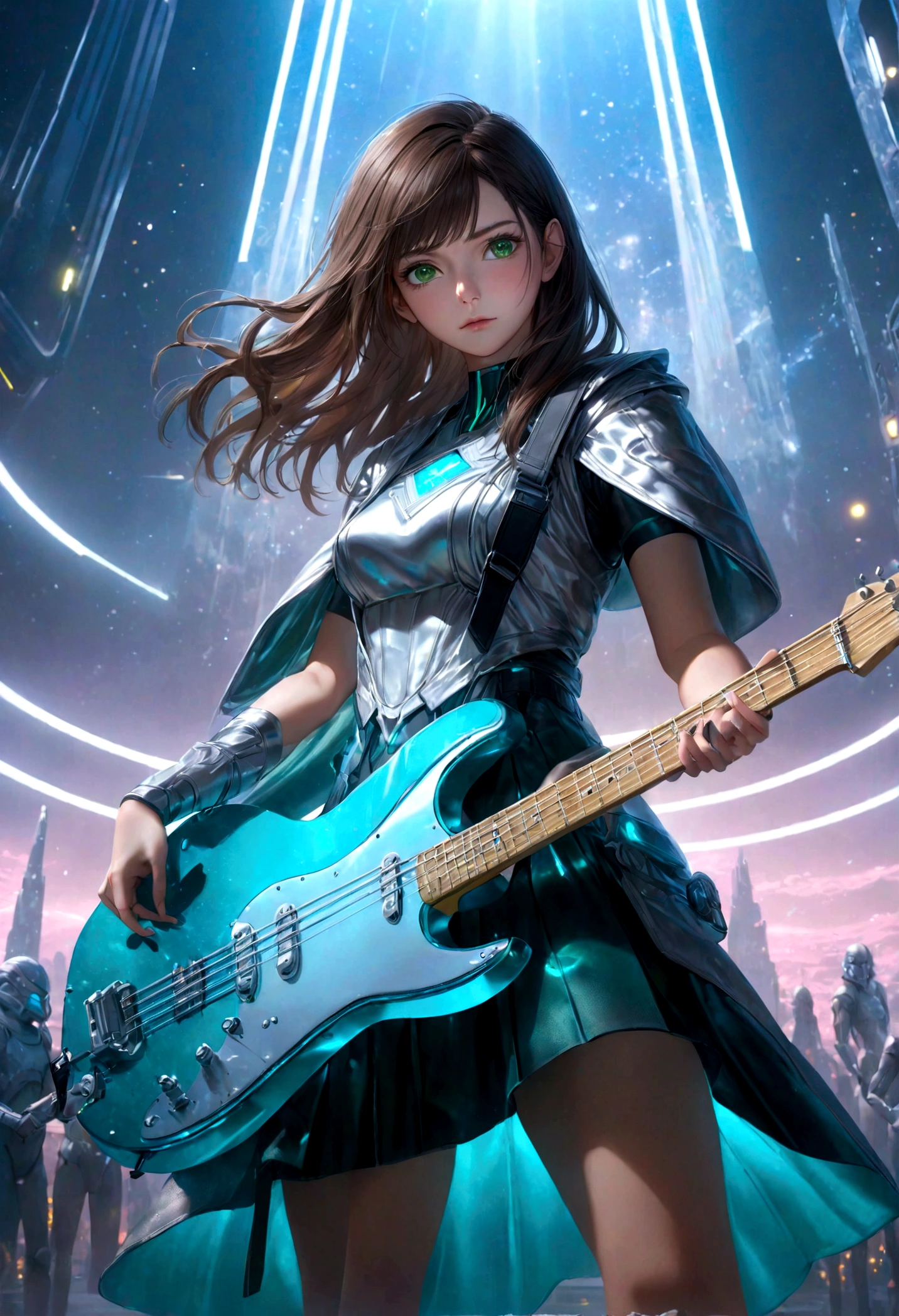 a beautiful young woman with brown hair, striking green eyes, detailed facial features, wearing a shimmering silver and blue sci-fi inspired costume, holding an electric guitar, standing on a neon-lit stage, dramatic sci-fi landscape of Alderaan in the background, powerful and emotional music performance, photorealistic, 8k, best quality, highly detailed