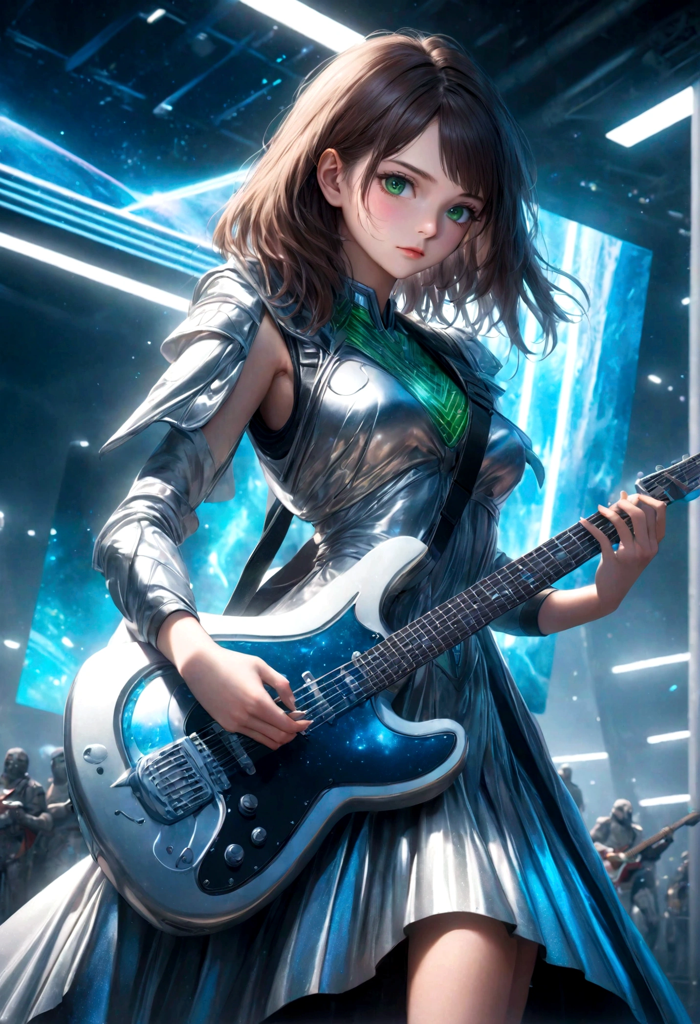 a beautiful young woman with brown hair, striking green eyes, detailed facial features, wearing a shimmering silver and blue sci-fi inspired costume, holding an electric guitar, standing on a neon-lit stage, dramatic sci-fi landscape of Alderaan in the background, powerful and emotional music performance, photorealistic, 8k, best quality, highly detailed