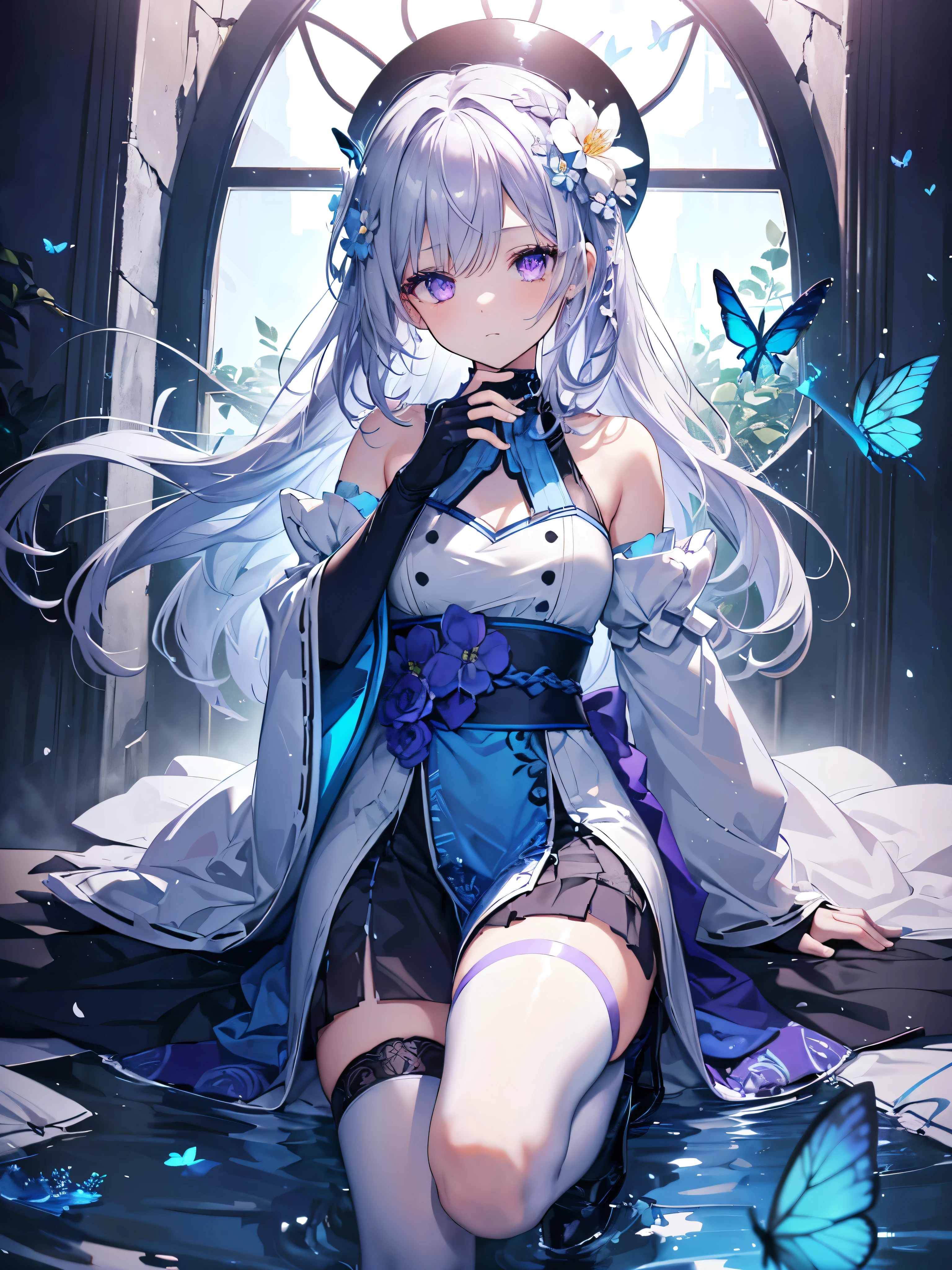 (down view),Dynamic Angle,Ultra-detailed, illustration, Close-up, straight on, 1girll, (fantasy:1.4), ((Purple eyes)),Her eyes shone like dreamy stars,(Glowing eyes:1.233),(Beautiful and detailed eyes:1.1),(Silver hair:1.14),(Messy hair,Very long hair,french braid,hair between eye,side locks), (+(bule hair flower:1.14)),(Chiffon dress,bule flower pattern in uniform)/=(army suit:1.24),(Detached sleeves,Wide sleeves),(Fingerless gloves),choker necklace,(miko thighhighs),high heels boots,(Expressionless,Closed mouth),, (classical Princess boudoir with dressing tableand french windowin a white ancient palaces),(White flowers,full bloom),(abyssal),(Flowing water),(a dull blue world tree:1.14),(ruins),(Night:1.2),Dreamy,soul,(Fluorescence),(flying translucent blue butterflies:1.15), [[Delicate fingers and hands:0.55]::0.85],(Detail fingers),(yubao:0.5),