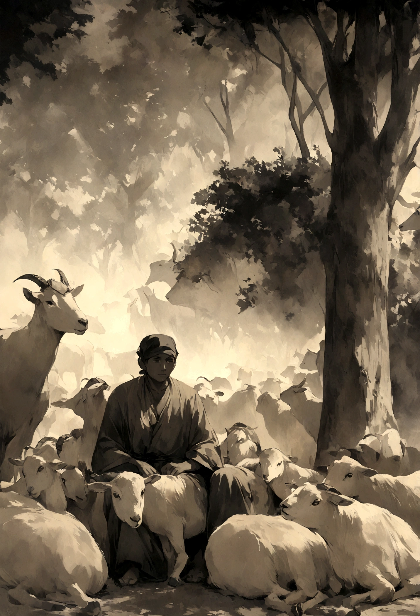 A Shepherd, indonesian boy, sitting sitting under a shady tree, looking at the herd of goats, oil painting, abstract illustration, duotone color