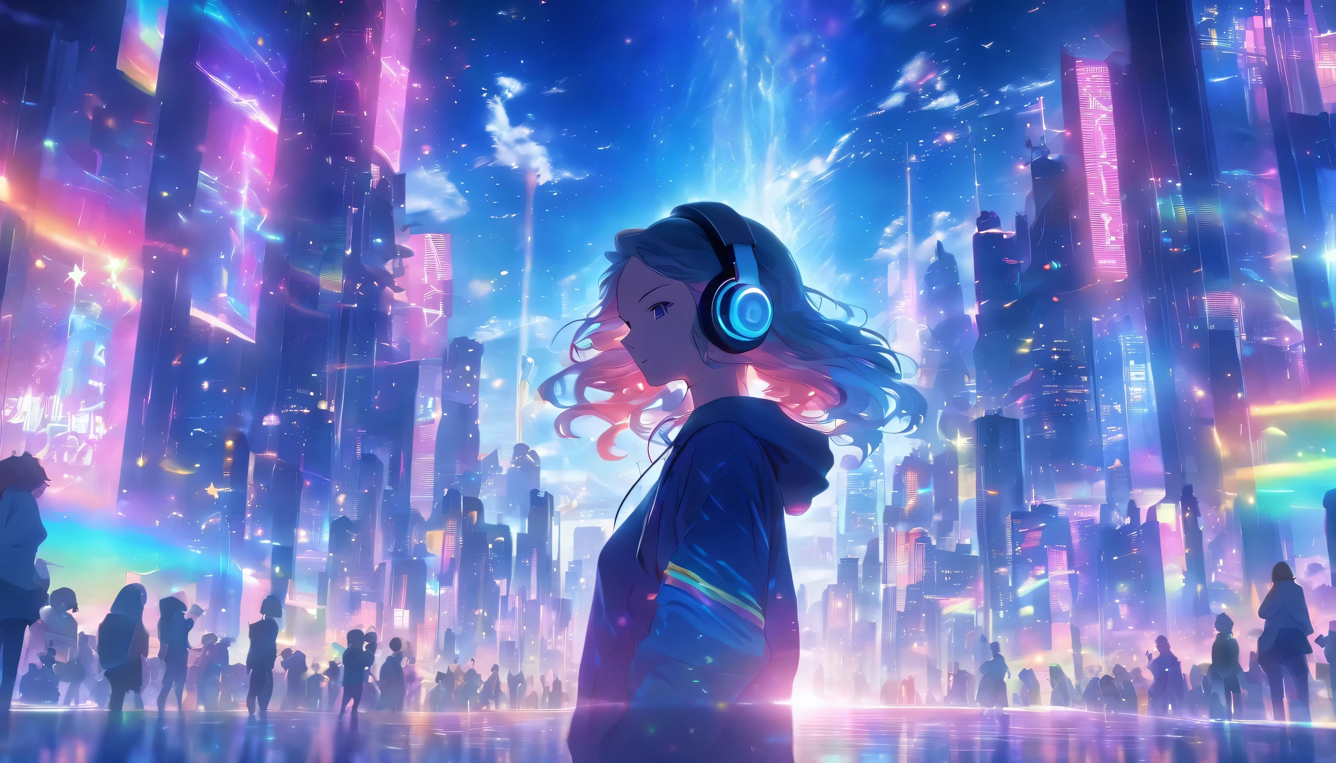 Future City、Neon Street、Super beautiful light、((Colorful light))、mysterious cityscape、8k,((cinematic light and shadow))、(((One City)))、Countless lights、Transparent Prism、(((A scene from a movie)))、((Dazzling Neon Street))、Transparent Prism Town、(((Rainbow light)))、((There are many different colors mixed together.))、((Starry Sky))、(((Ultra-realistic CG)))、Reflective Landscape、(((A woman wearing headphones is standing in the distance.)))、(Full body woman)、((hoodie))