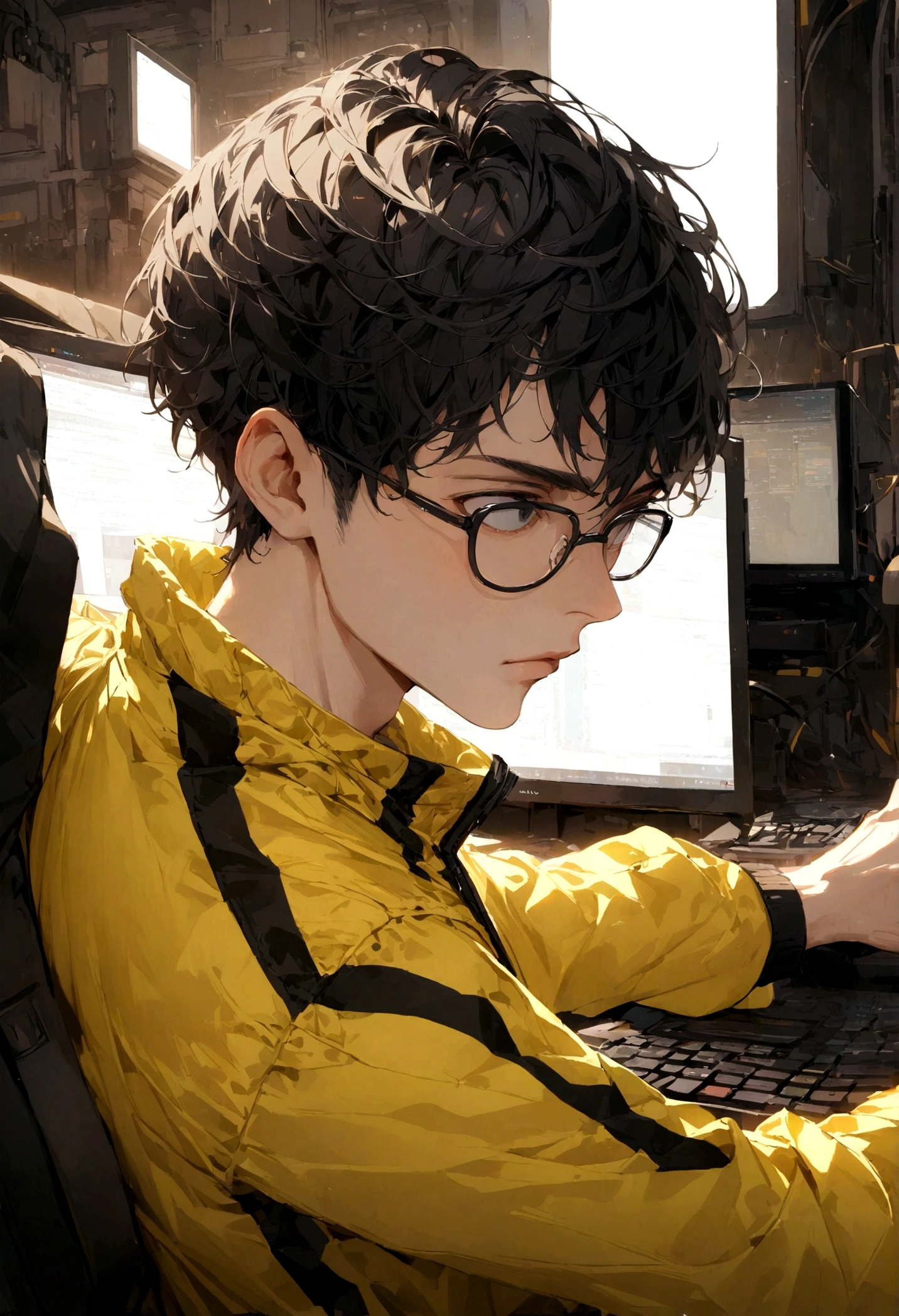 male with short black hair, black eyes, black-rimmed glasses, black and yellow sportswear, likes programming