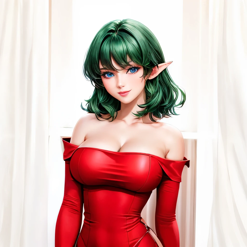  (masterpiece,highest quality,Very delicate,Perfect Face,8k,very beautiful woman),Medium short deep green hair:1.2, Red strapless bodycon tube dress ,Red long arm sleeves,Elf Girl,((Big Breasts)),blue eyes,Beautiful smile