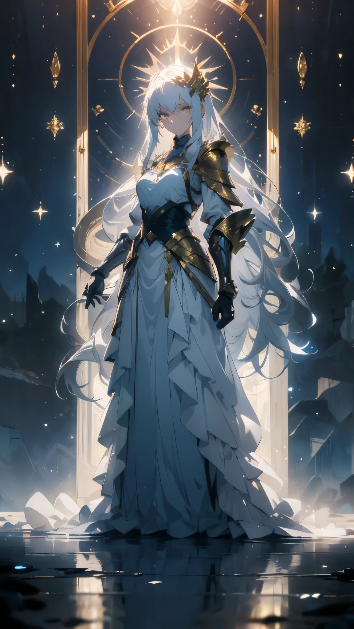 ((masterpiece, best quality)), Epic battlefield atmosphere，Water Ripples，Delicate face，Depicts a beautiful knight with long, flowing white hair，whole body，Standing picture，glowing golden eyes，She was wearing white armor，Perfect body proportions