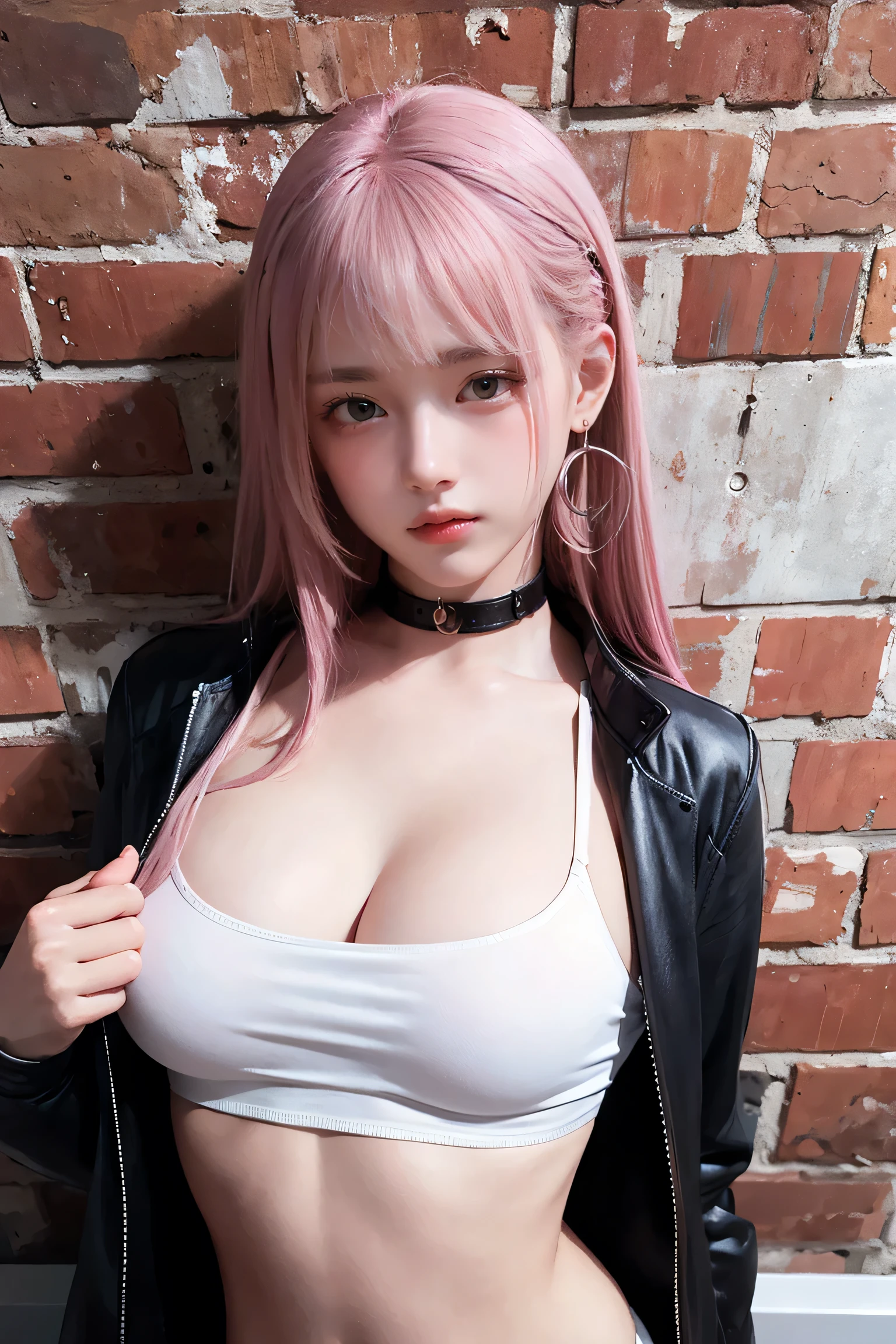 (NSFW:0.8),(masterpiece, highest quality, One girl, alone, Intricate details, chromatic aberration), Realistic, ((Medium breath)),Long Hair, Pink Hair, pink highlights, Hair on one eye,Purple eyes, Earrings, Sharp eyes, choker, Neon Shirt, Open jacket, Crop top, (Symmetrical eyes),(Perfectly symmetrical body),Against the wall, Brick wall, graffiti, Dim lighting, alley ,View the viewer,Crystal clear nipples