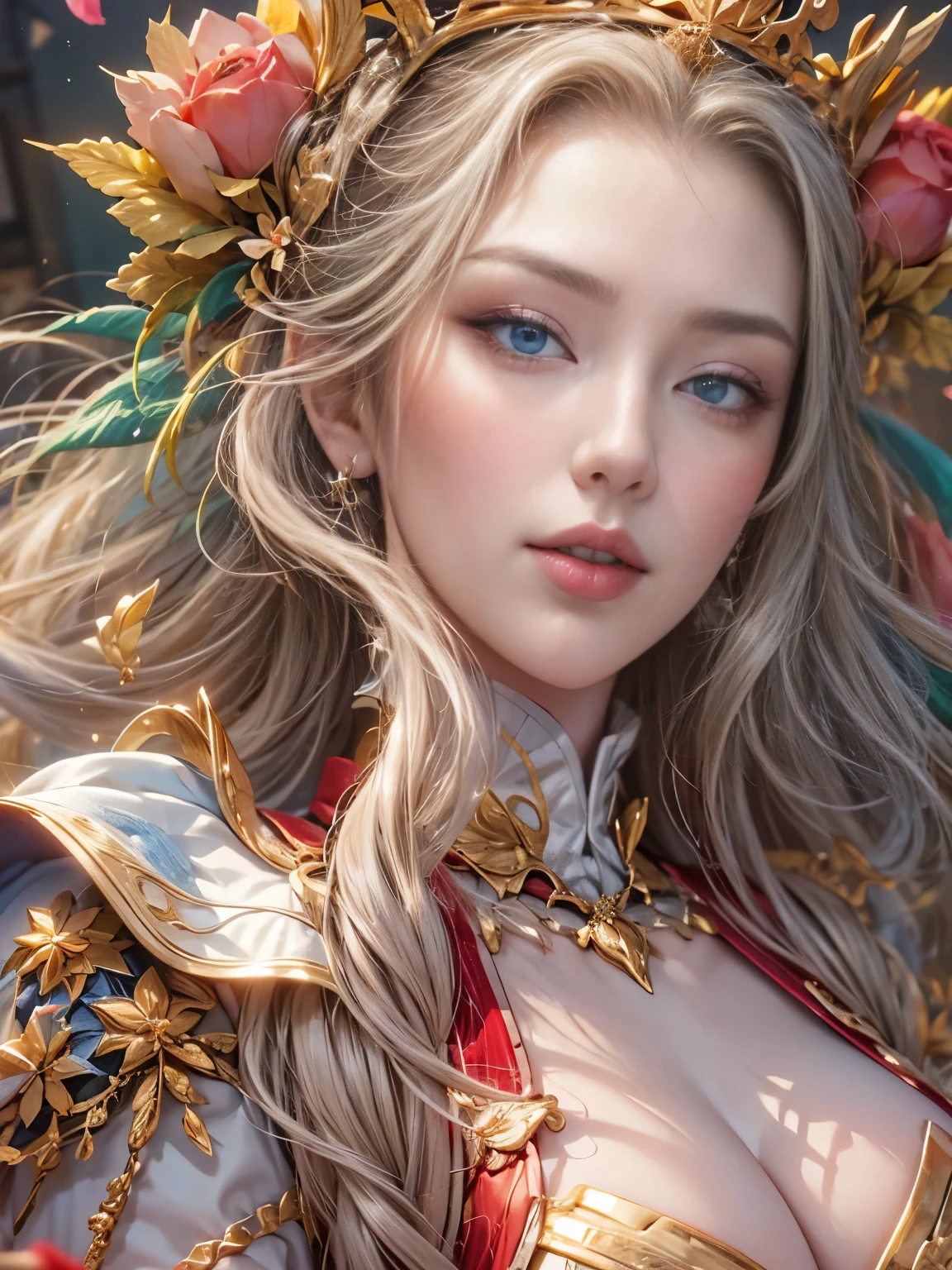 (8K, highest quality, masterpiece),(Realistic, RAW Photos, Super Fine Clear), Realistic Light, Detailed skin, Beautiful woman, ((25-year-old woman, queen:1.5)), Thin legs, fine grain, white long hair, Detailed fingers, thin, Sexual, Ecstasy facial expression, Super big boucing firm bust, The chest part of the armor is wide open, Chest exposed, (deep scarlet armor), (peach, peach garden, Flower storm), lakeside palace