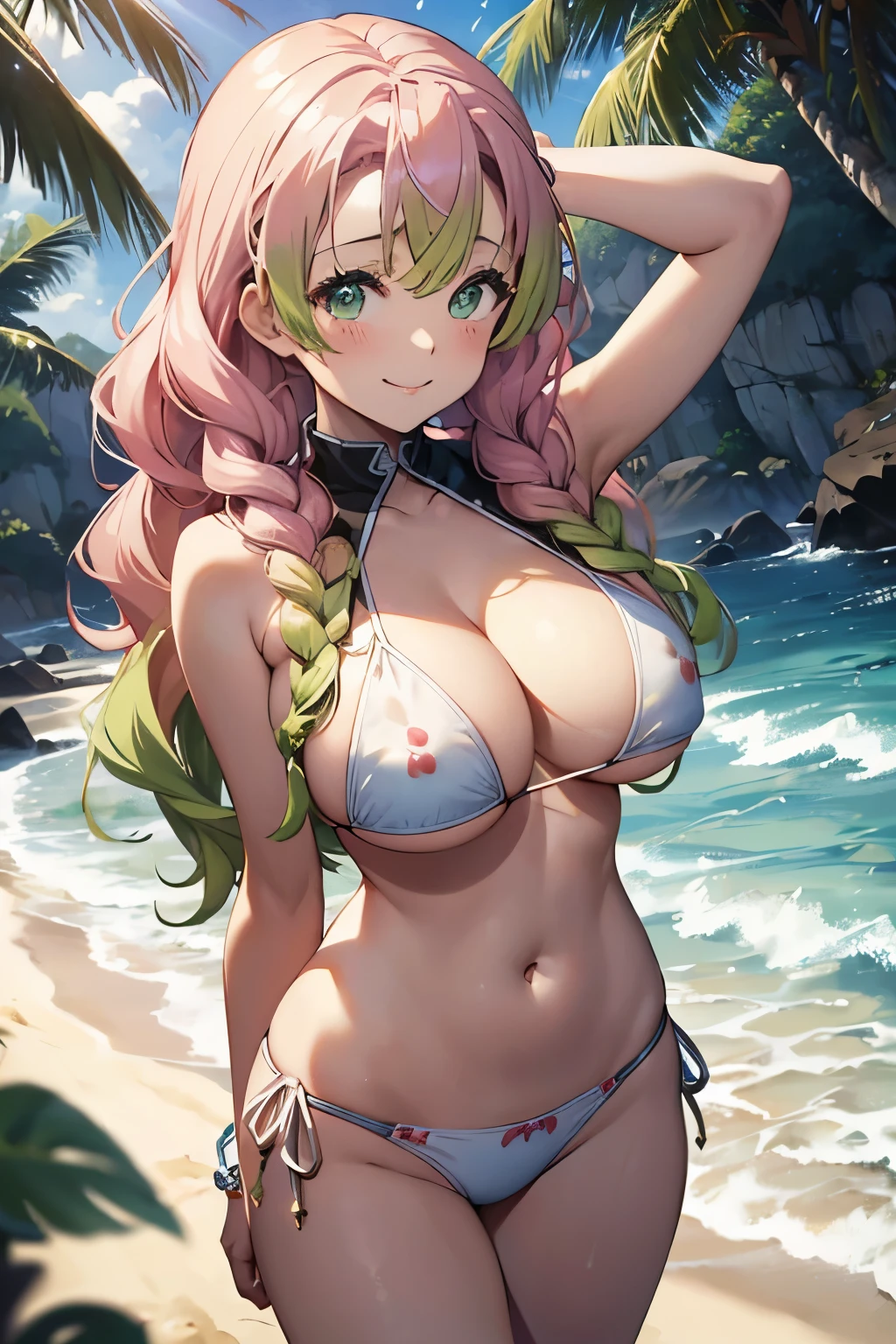 (8K、masterpiece、Highly detailed background、high resolution)、(mitsuri kanroji)、Cleavage、(beach、White Bikini、Gravure pose、Embarrassed smile、Nipple protrusion)