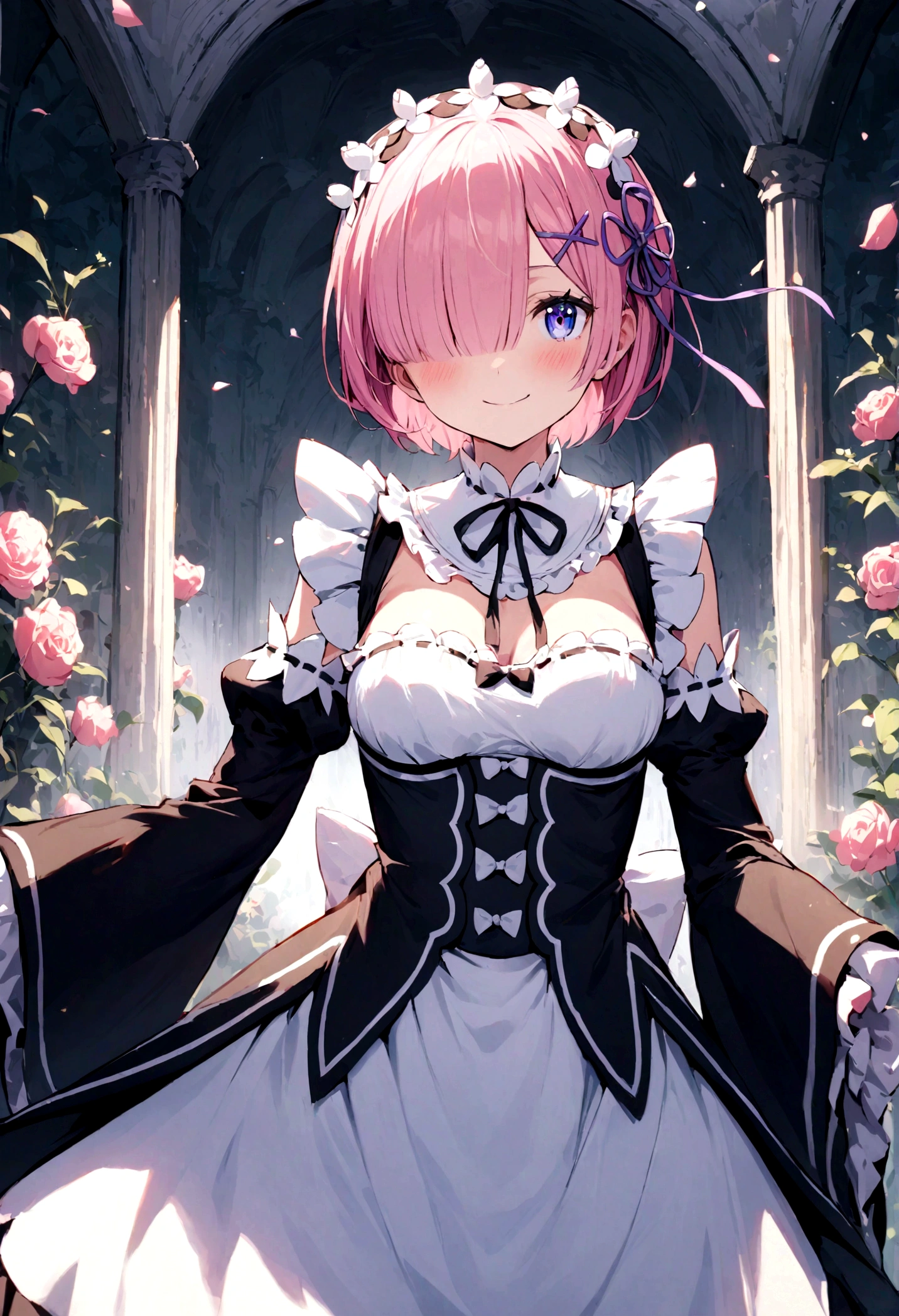 masterpiece, best quality, very aesthetic, absurdres,
ram_(re:zero), re:zero_kara_hajimeru_isekai_seikatsu, 1girl, pink_hair,short_hair, hair_over_one_eye, x_hair_ornament, maid_uniform,black_dress, black_ribbon, breasts, detached_collar, dress, frilled_sleeves, frills, maid_headdress, purple_ribbon, ribbon, wide_sleeves, smile,floral_background, flower, looking_at_viewer,