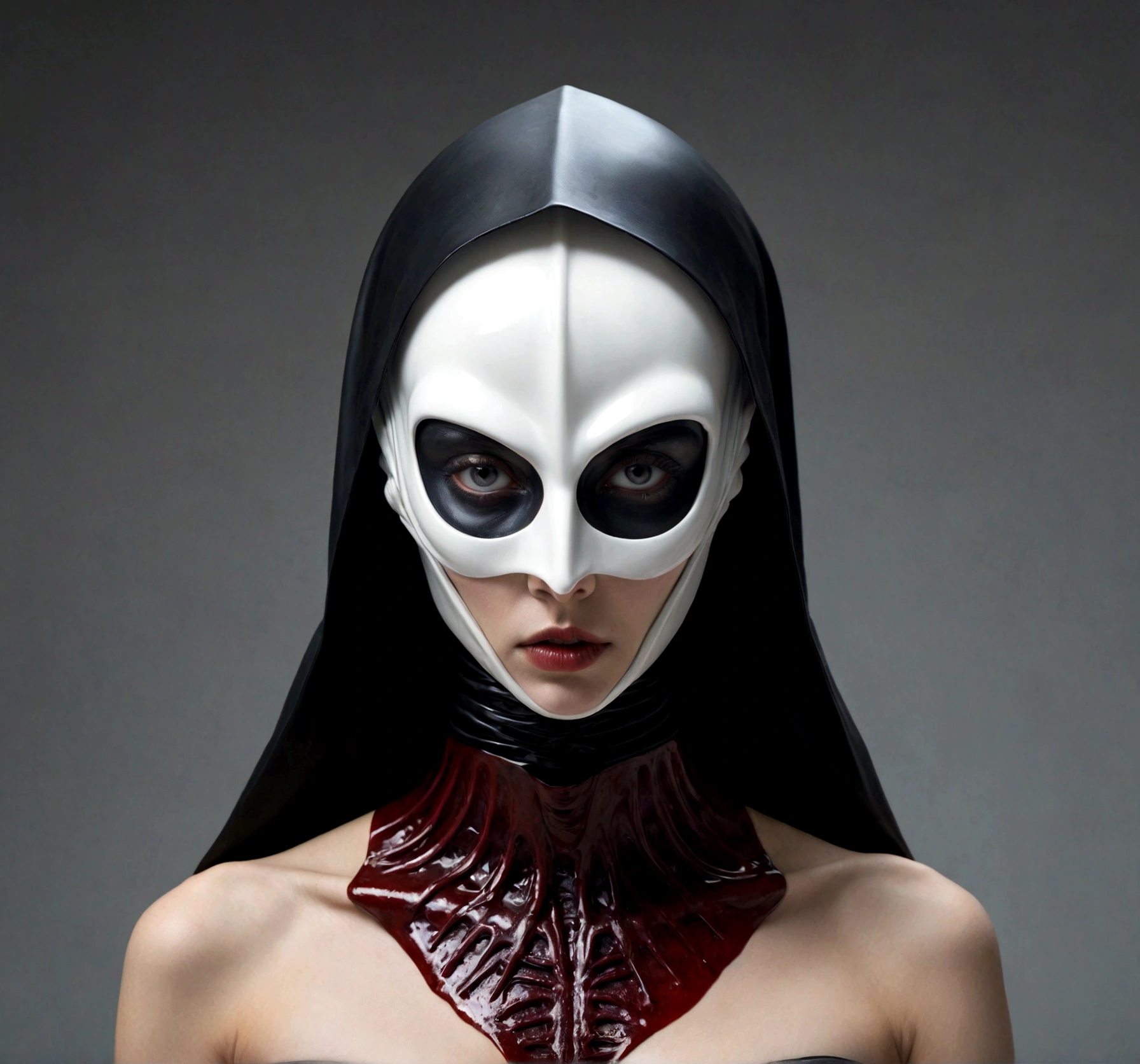 Tiro de medio cuerpo, hyperrealism photography, Beautiful model with avant-garde gelatin xenomorphic nun mask, cubierto de sangre, Renderizado de octanaje