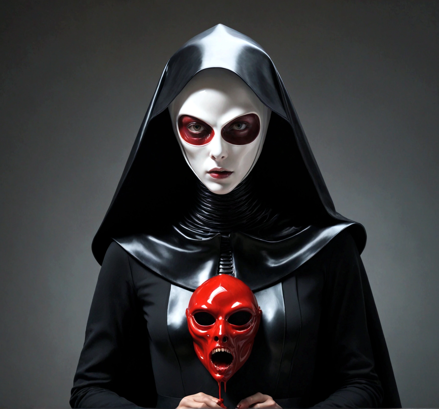 Tiro de medio cuerpo, hyperrealism photography, Beautiful model with avant-garde gelatin xenomorphic nun mask, cubierto de sangre, Renderizado de octanaje
