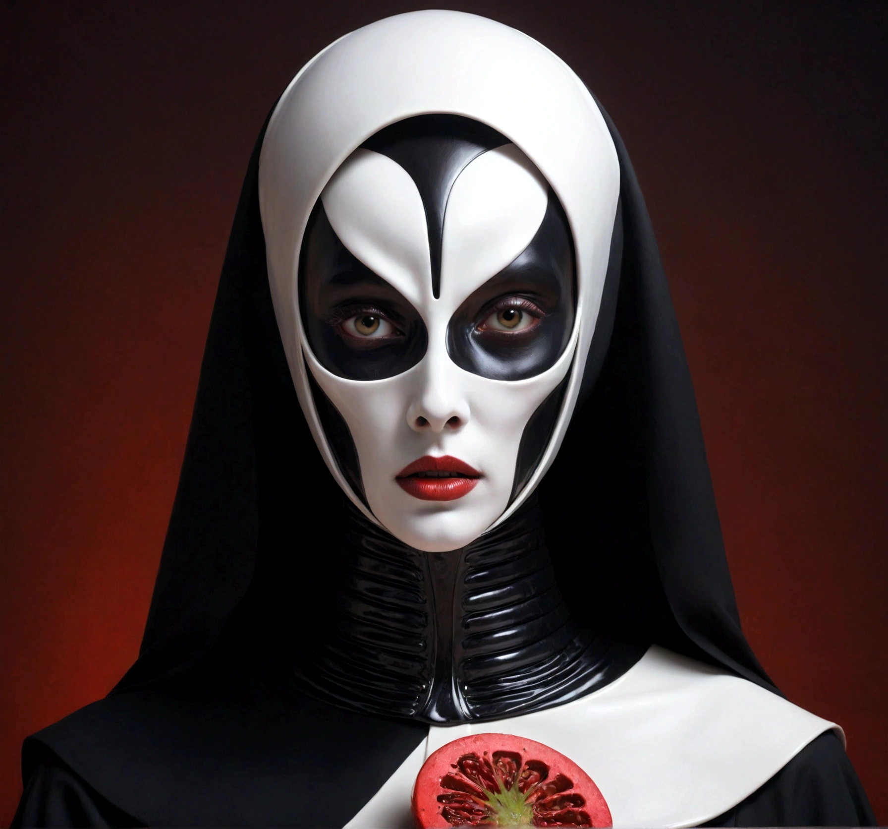 Tiro de medio cuerpo, hyperrealism photography, Beautiful model with avant-garde gelatin xenomorphic nun mask, cubierto de sangre, Renderizado de octanaje