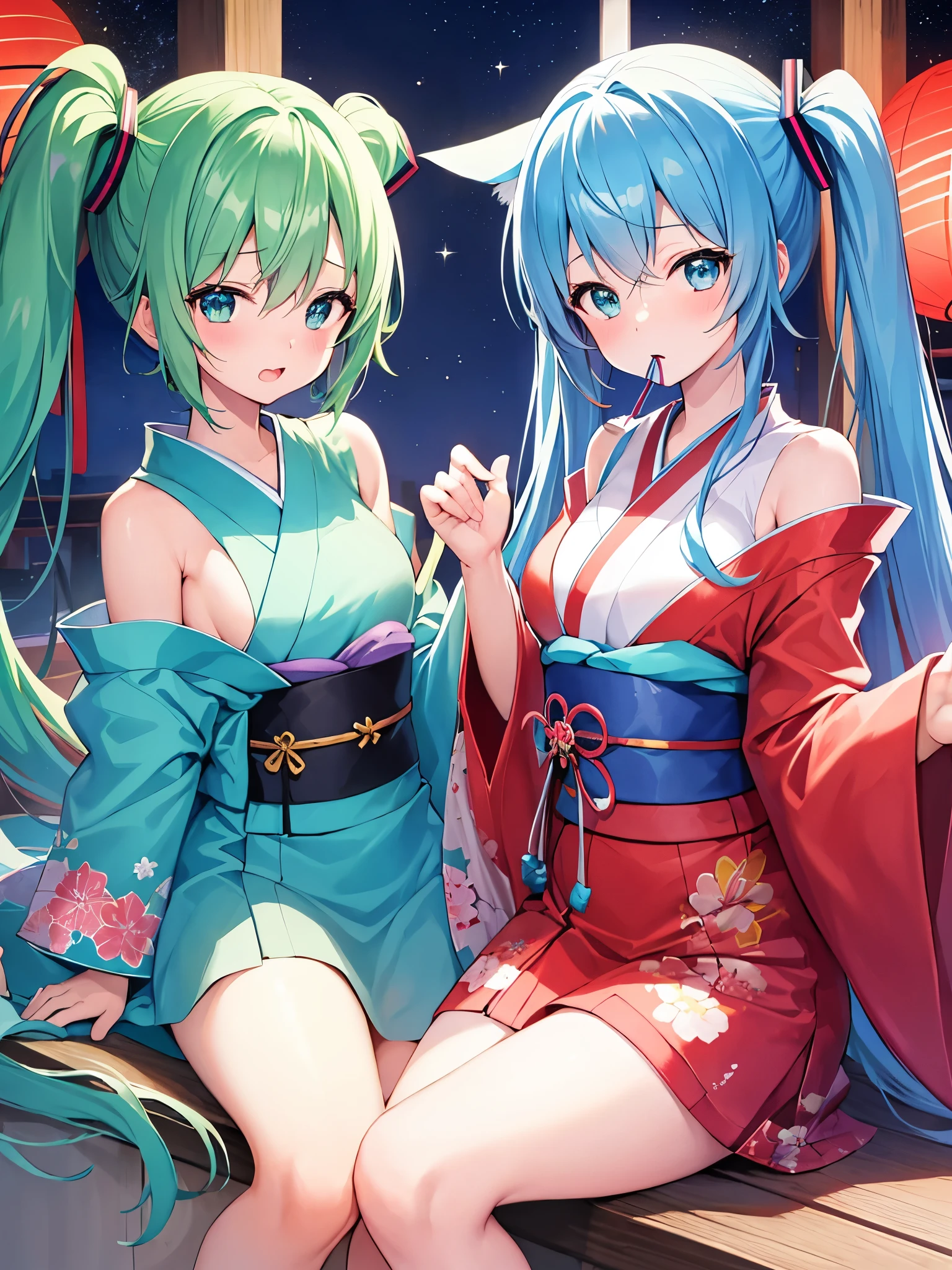 masterpiece, exquisite, high-resolution, single woman, blue long hair, floating hair, hair ornament, fish hair ornament, tassels, kanzashi, bangs, pink eyes, open mouth, smile, teeth, upper teeth only, choker, red choker, pendant choker, butterfly choker, collarbone, tattoo, chest tattoo, flower tattoo, cleavage, middle chest, thigh, bandage, bandaged leg, sarashi, budget sarashi, Chest sarashi, Black sash, Hadanugi dosa, Broomstick, Japanese clothing, Kimono, Drawstring, Obi, Obiage, Obijime, Pink kimono, Drawstring, Patterned kimono, Rope, Obi , Shimenawa, Short kimono, Bare shoulder, Genshin, East Asian architecture, Cherry blossoms, Full body, squatting, Sparkler, night, fireworks, fireworks, cross legs, legs, single glove, single fingerless glove, wristband,  Black Socks,