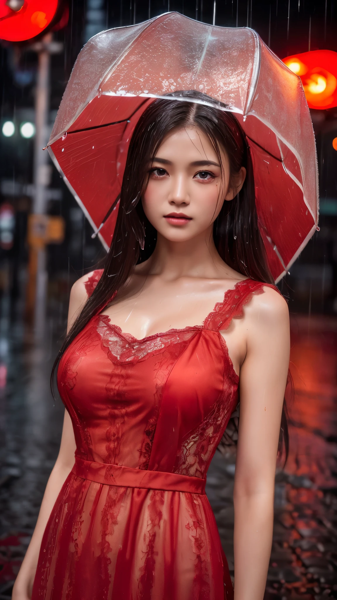 ((highest quality, 8k, lace maxi dress, Standing in the rain, Red Light District, Highly detailed face and skin texture, Fine grain, double eyelid.)