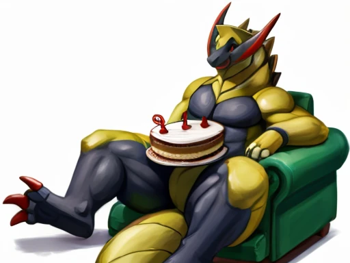 Pokemon Haxorus, plump belly, reclining , eating a large cake 