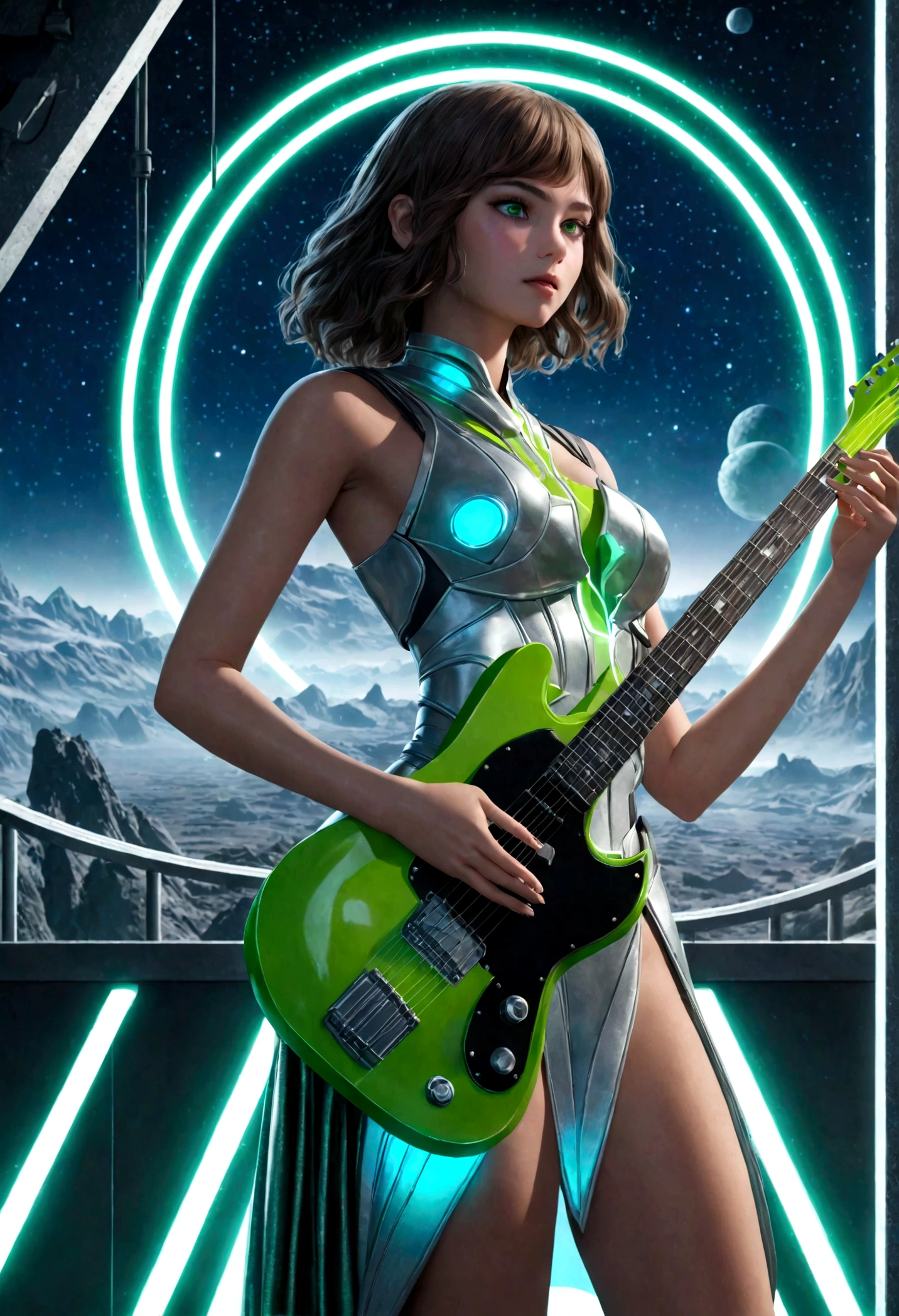 a beautiful young woman with brown hair, striking green eyes, detailed facial features, wearing a shimmering silver and blue sci-fi inspired costume, holding an electric guitar, standing on a neon-lit stage, dramatic sci-fi landscape of Alderaan in the background, powerful and emotional music performance, photorealistic, 8k, best quality, highly detailed