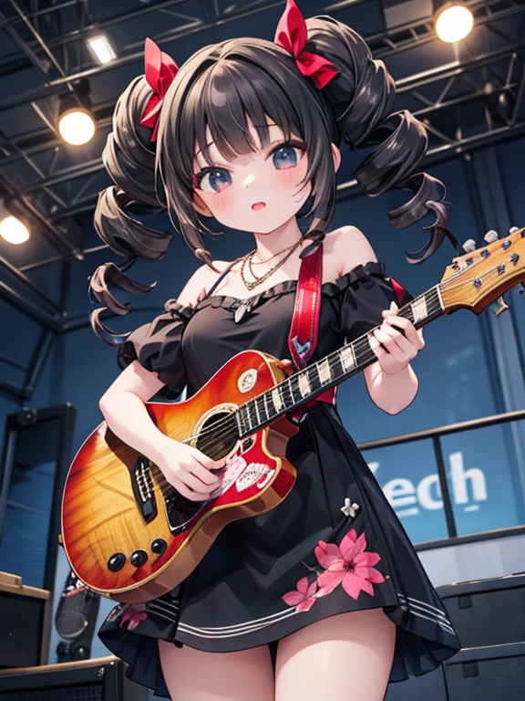 masterpiece, highest quality, Very detailed, 16k, Ultra-high resolution, 17-year-old girl, Detailed face, Anatomically correct, black eye, Black Hair, Long Hair, Drill Hair, (mega twin drills:1.5), (Red dress:1.5), Shoulder-to-shoulder clothing, Skirt with a widened hem, necklace, Concert Venues, guitarshop, guitar, 少女はステージに上がりguitarを演奏する