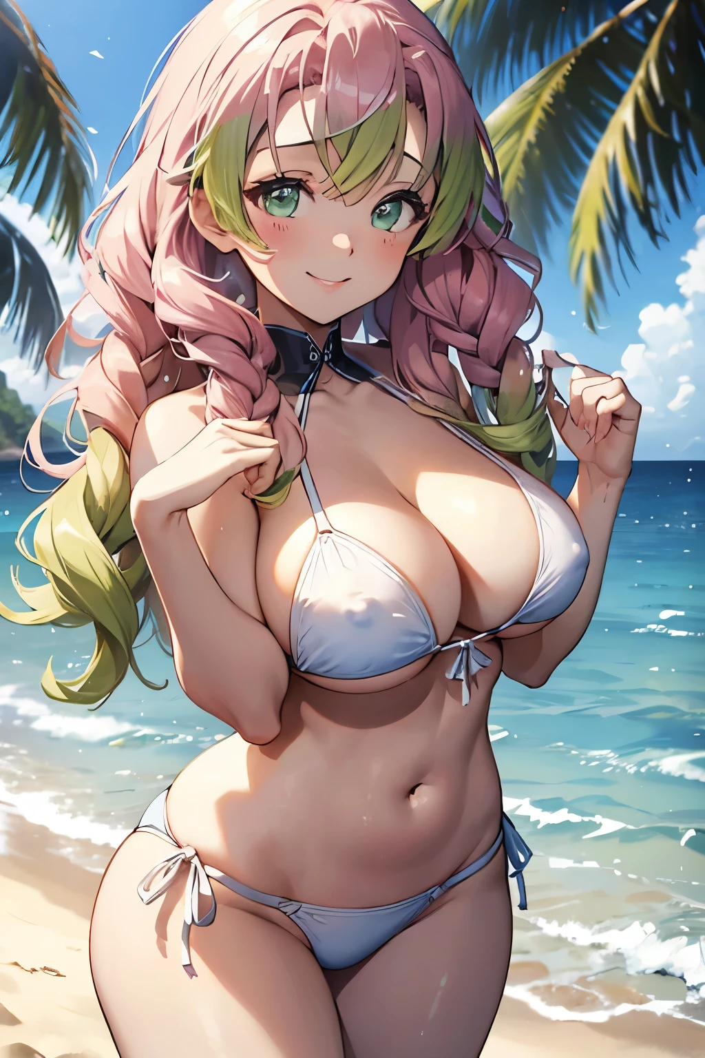 (8K、masterpiece、Highly detailed background、high resolution)、(mitsuri kanroji)、Cleavage、(beach、White Bikini、Gravure pose、Embarrassed smile、Nipple protrusion)