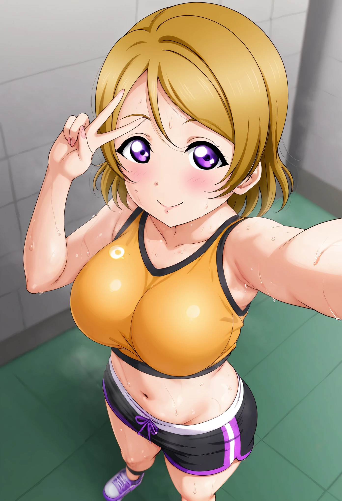 Masterpiece, best quality, love live style,Hanayo Koizumi, solo, purple eyes,standing , taking selfie,mini gym shorts, crop tank top,sweating, black shorts , curvy hip,(shorts pulled down:0.9) , from above ,v