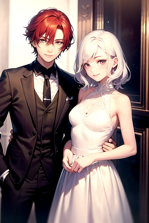 A young man with short, wavy, red hair and has a lock of white hair ; His face is pale and has freckles; his left eye is yellow and his right eye is gray and scarred; He has a tender smile on his face; dress in elegant suit.