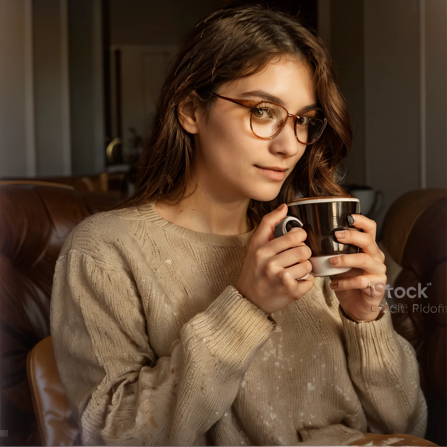 Woman in glasses holding coffee cup and looking at camera, shutter, yestock, Drink coffee, Drink coffee, woman Drink coffee, infp young woman, portrait of morning coffee, drink a cup of coffee, picturegraphy, picture, 库存picture, Drink tea, girl wearing glasses, thoughtful ), yes ((Have a cup of tea))