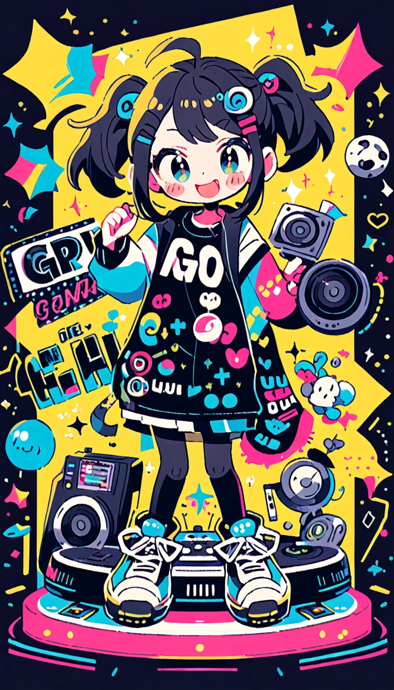 DJ,ponytail,1 person,club house,Turntable,Mirror ball,smile,headphone,Raise one hand,uniform,high school girl,Black Hair,No sleeve,scratch,black tights,front