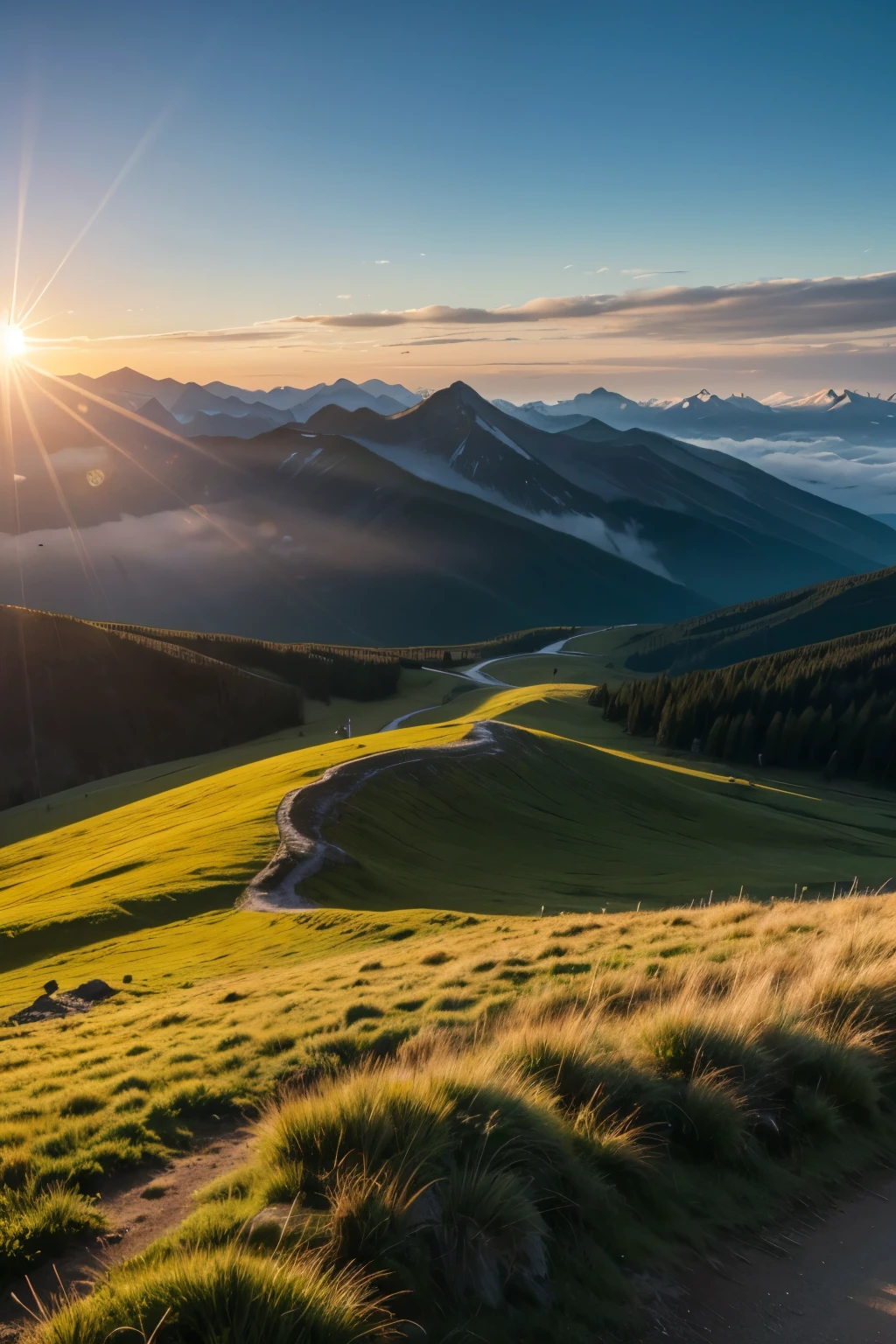 a mountain at the top, stunning image in high definition, brightness of the sun radiating the day, stunning landscape in very high definition