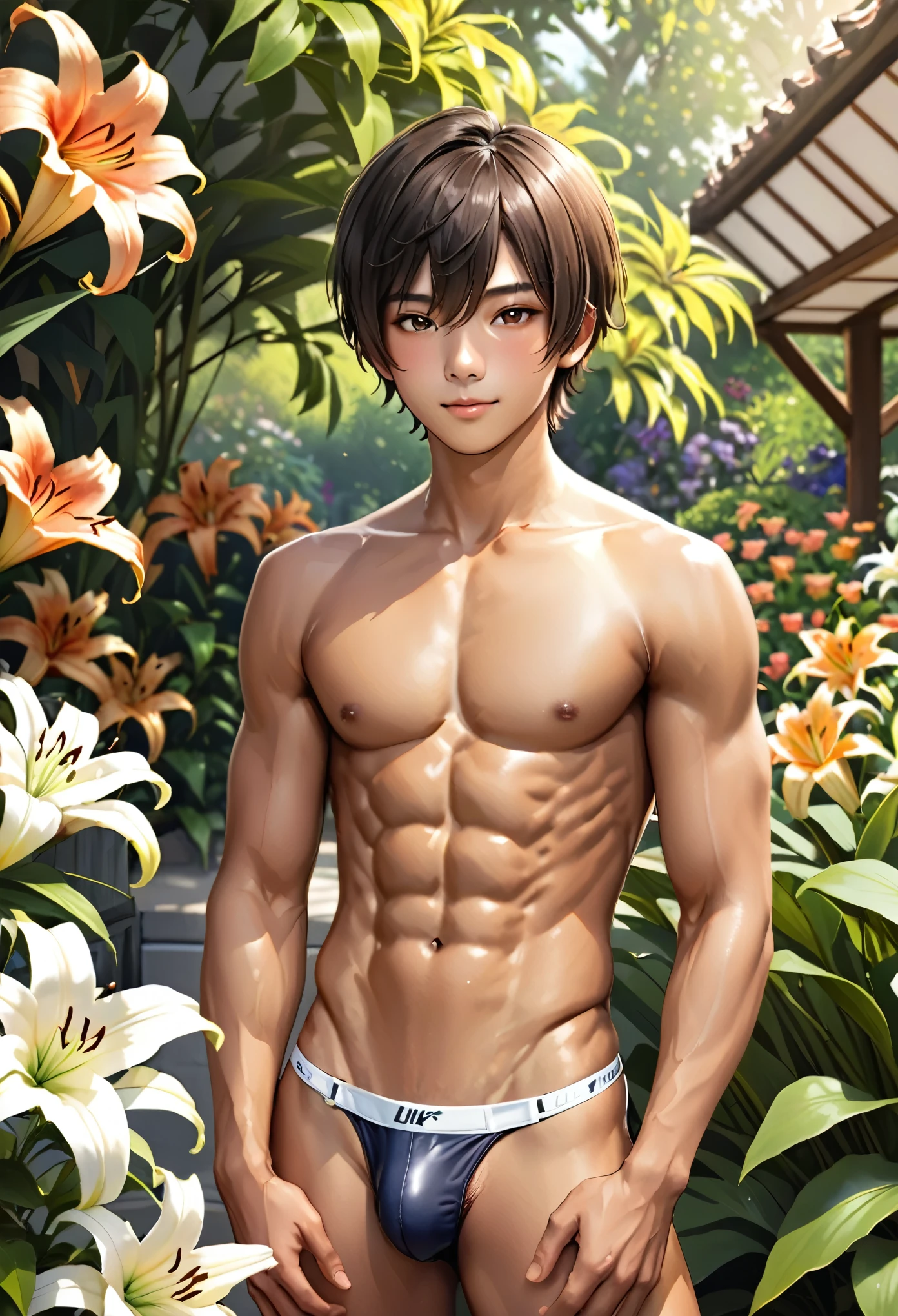 (best quality), realistic, lily, garden, 15 year old Japanese idol boy, (abs), black short hair, tanned dark skin, (detailed brown eyes), (smile:0.8), white tiny thong, bulge,