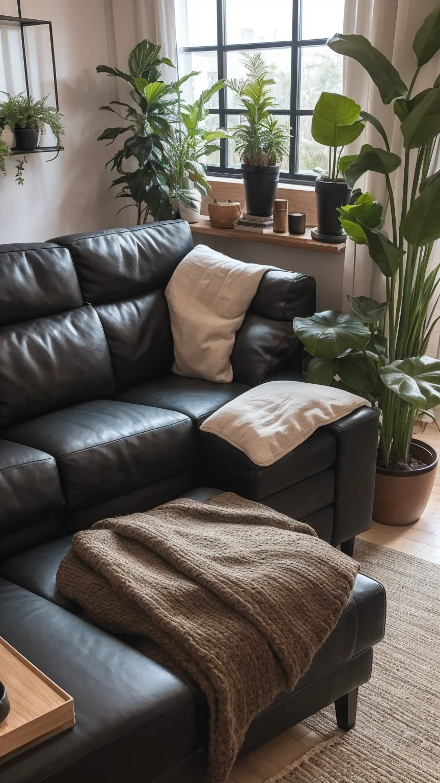 Dark living room with sofa, coffee table, and plants, Photos by Karl Völker, Unsplash Contest Winners, Minimalism, cozy place, Comfortable and peaceful atmosphere, comfortable and calm, cozy atmosphere, Comfortable room, comfortable lighting, Comfortable atmosphere, Comfortable lighting, comfortable environment, cozy atmosphere, Comfortable atmosphere