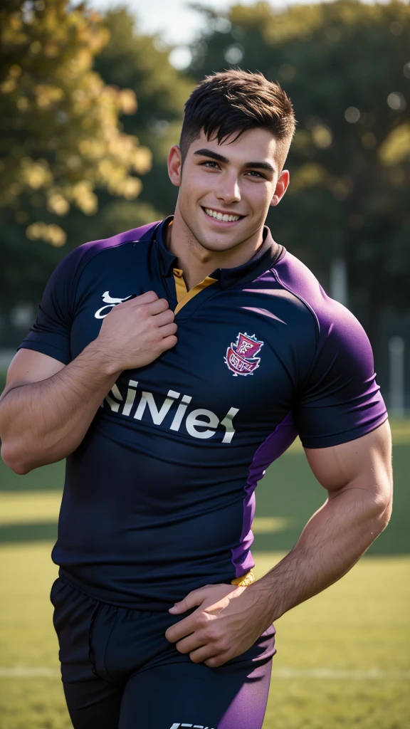 NickEh30 youtuber as rugby player ,Full body, sport tight pants,NickEh30 with rugby esportive purple dirty uniform, Black short hair fade , captivating large openned smile, shaved NickEh30 face, VPL, very happy, volumeric light, NickEh30 wearing team rugby uniform, muscular chest, long legs, left neck look, wide shoulders, nice detailed hands, field rugby bokeh background, colorful golden-hour vivid colors.