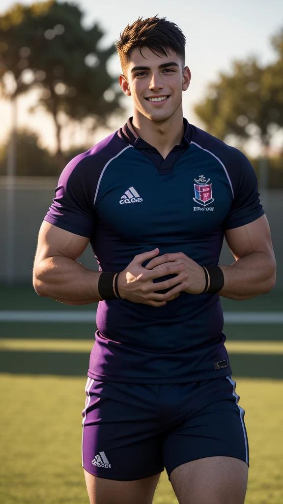 NickEh30 youtuber as rugby player ,Full body, sport tight pants,NickEh30 with rugby esportive purple dirty uniform, Black short hair fade , captivating large openned smile, shaved NickEh30 face, VPL, very happy, volumeric light, NickEh30 wearing team rugby uniform, muscular chest, long legs, left neck look, wide shoulders, nice detailed hands, field rugby bokeh background, colorful golden-hour vivid colors.
