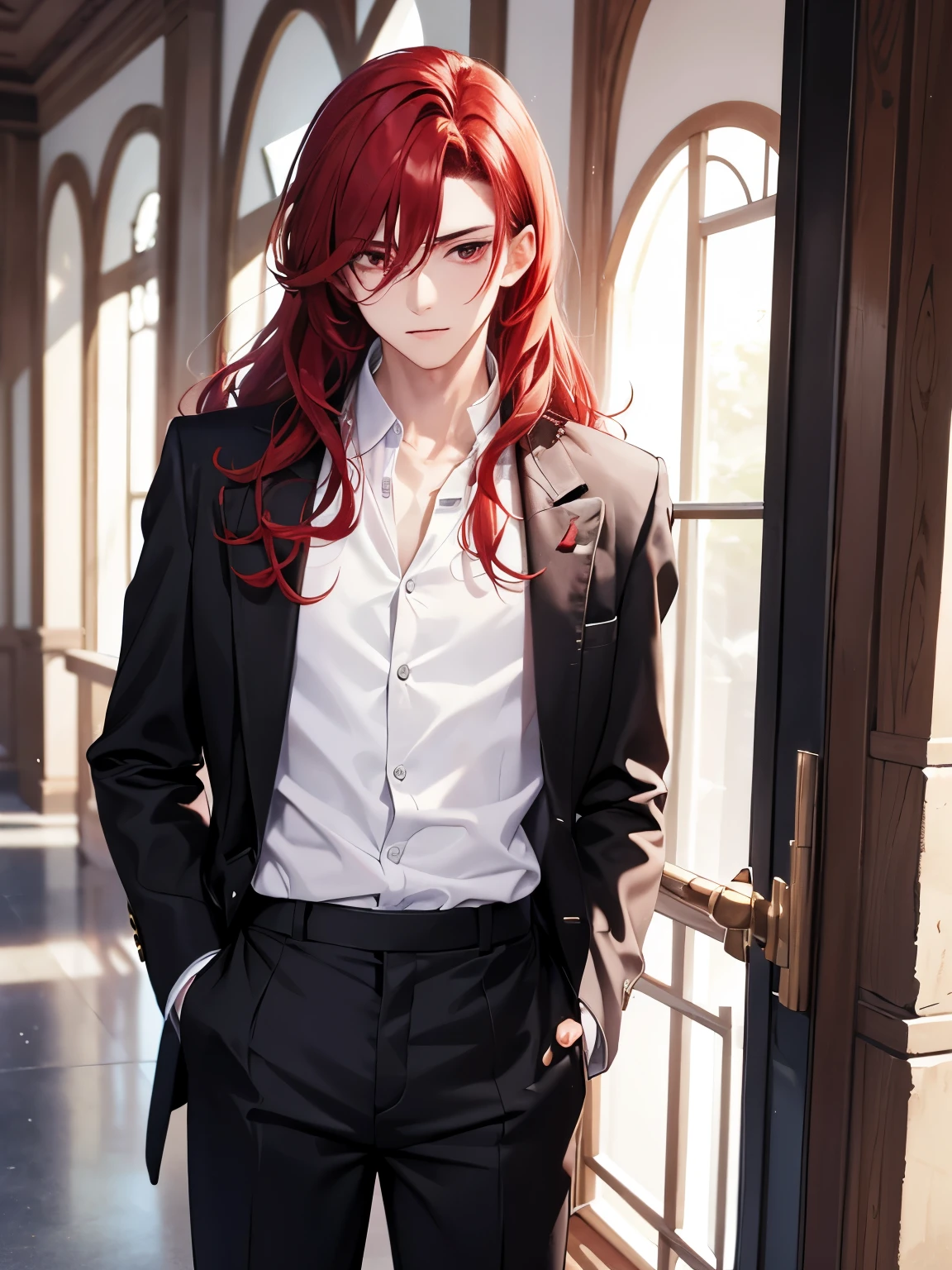 1boy,18 years old,standing,cool,middle parted hairstyle,Standing, slight smile,Curly hair, red hair, red eyes, long hair, vampire, handsome,,, standing,close up photo,White shirt, black jacket, black trousers,