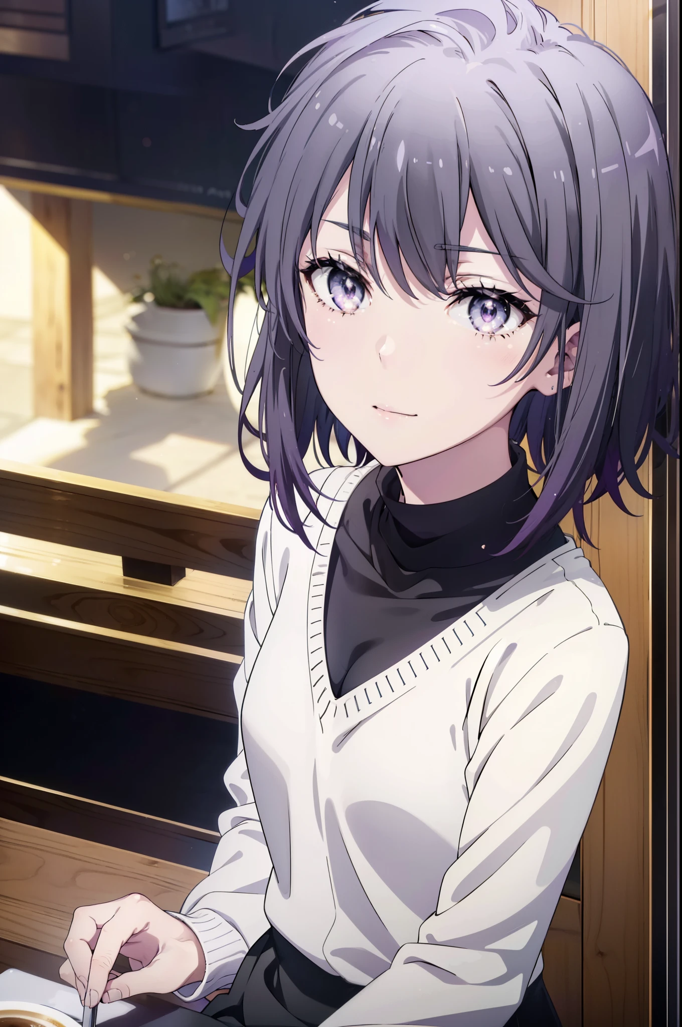 harunoyukinoshita, haruno yukinoshita, short hair, Hair between the eyes, (iris:1.5), Open your mouth wide,smile,Black Hair, Gradient Hair, Two-tone hair, Purple Hair, smile,Oversized sweater,Long skirt,short boots,Sitting in a chair,There is food on the table,whole bodyがイラストに入るように, break outdoors, Open Terrace,coffee shop, break looking at viewer,whole body, break (masterpiece:1.2), highest quality, High resolution, unity 8k wallpaper, (shape:0.8), (Beautiful details:1.6), Highly detailed face, Perfect lighting, Extremely detailed CG, (Perfect hands, Perfect Anatomy),