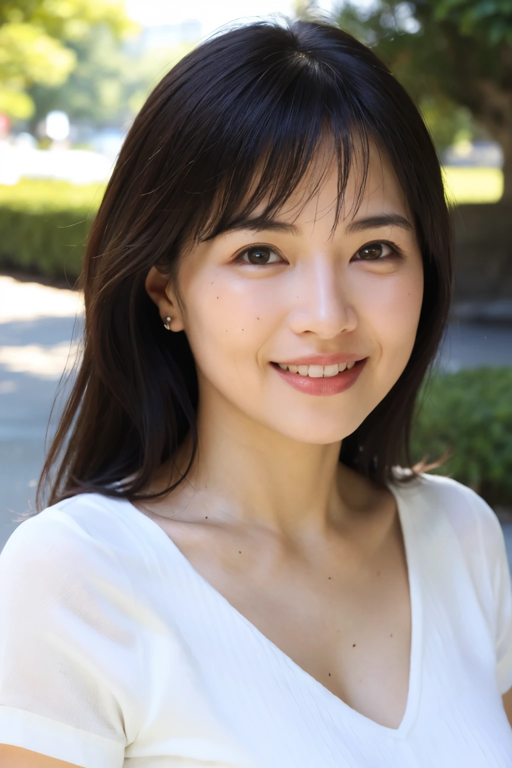 最high quality, In 8K, Masseter muscle area, Lifelike, Sharp focus, high quality, High resolution, Detailed face, Detailed eyes, Thick lips, Background Blur, solo, Middle-aged women, , 55 years old, , Wavy Hair, Cleavage, Wearing a plain short-sleeved knit, Afternoon in front of the park garden, Wrinkles around the eyes, Toothy smile