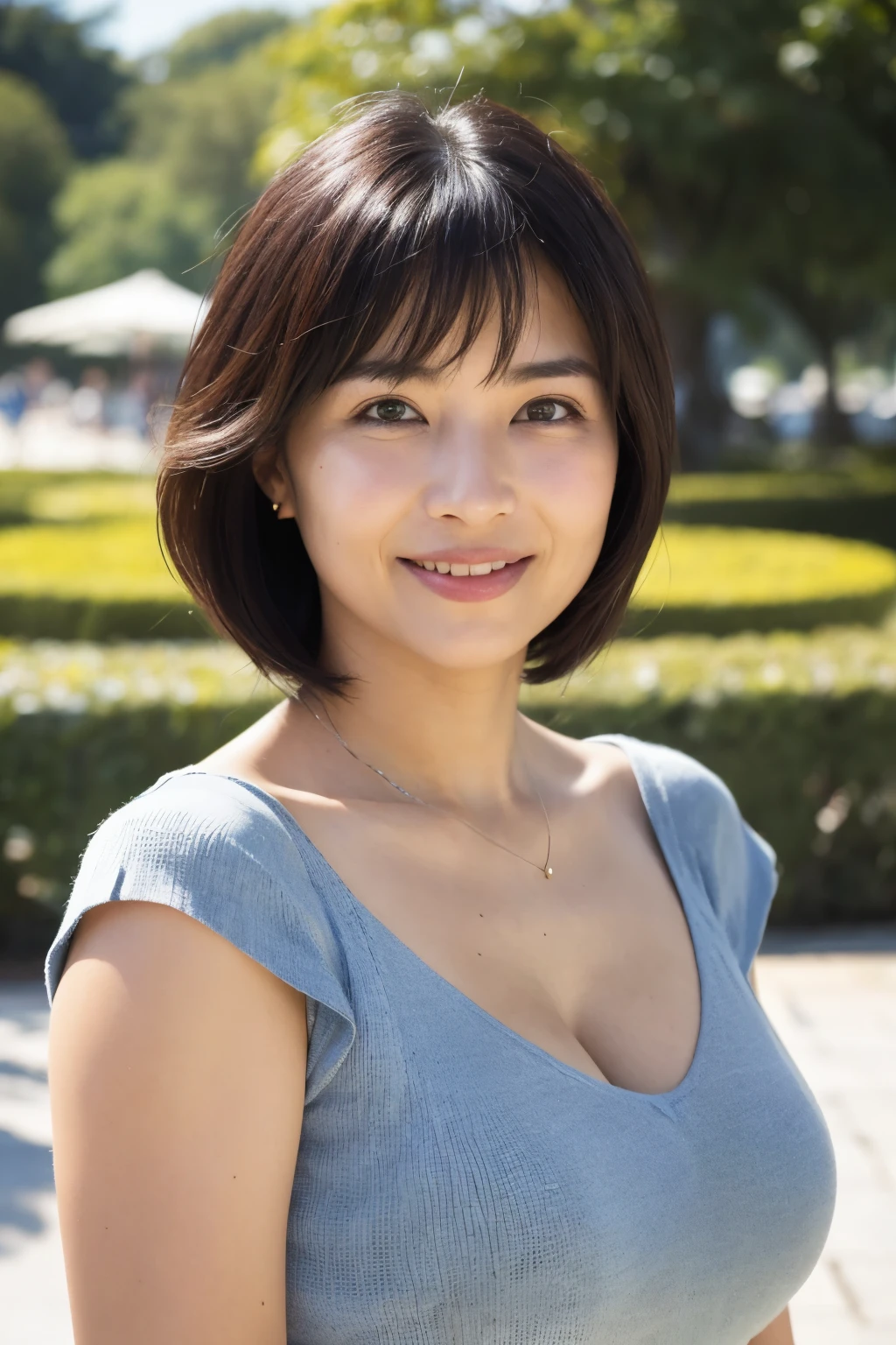 最high quality, In 8K, Masseter muscle area, Lifelike, Sharp focus, high quality, High resolution, Detailed face, Detailed eyes, Thick lips, Background Blur, solo, Middle-aged women, , 55 years old, , Wavy Hair, Cleavage, Wearing a plain short-sleeved knit, Afternoon in front of the park garden, Wrinkles around the eyes, Toothy smile