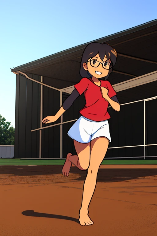 Yasmin in a nostalgic scene, playing barefoot on a dirt field near her house. She is wearing glasses and showing an expression of pure happiness as she kicks a soccer ball.






