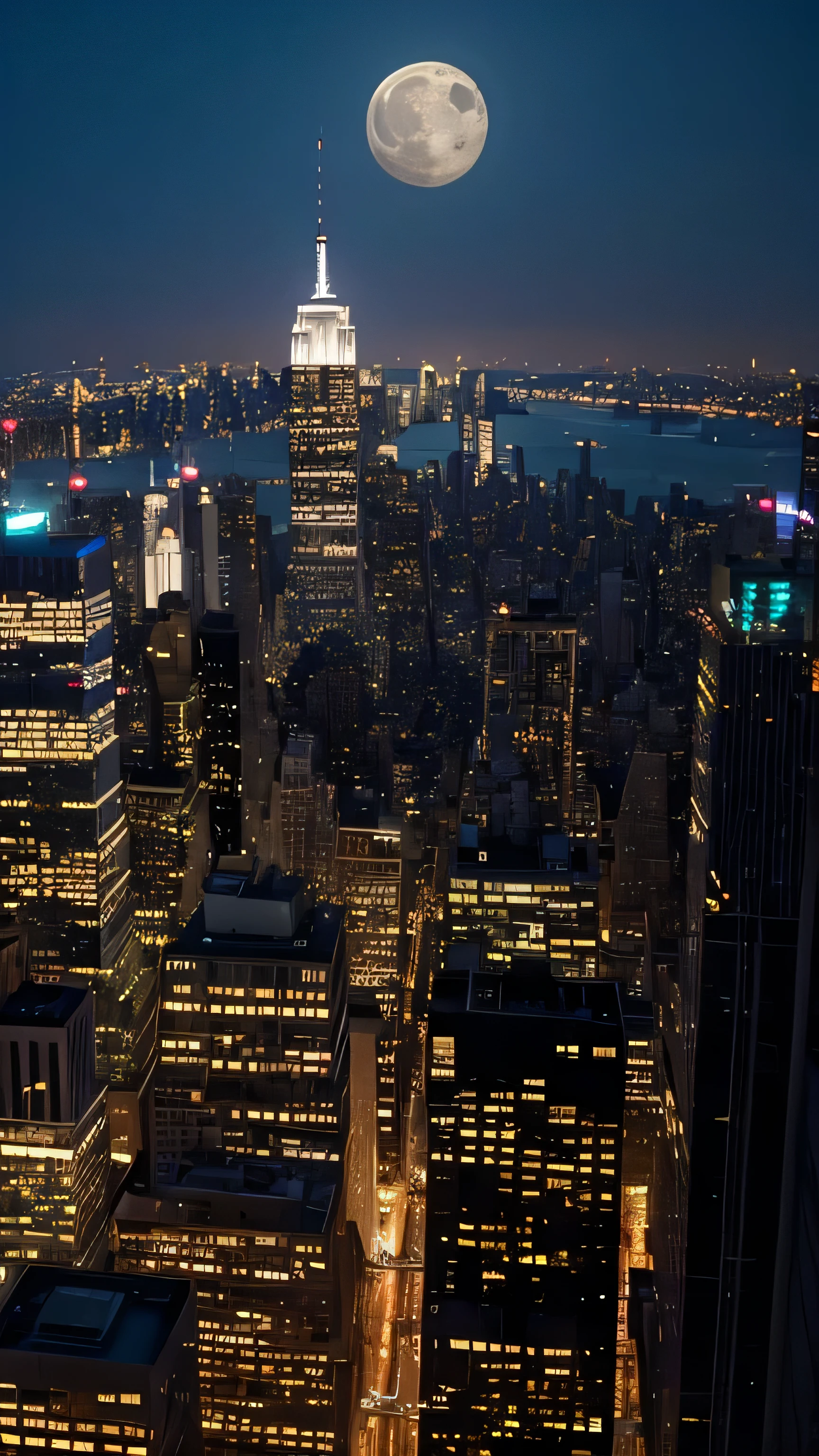New York Skyscrapers、Night view、Big Moon、river