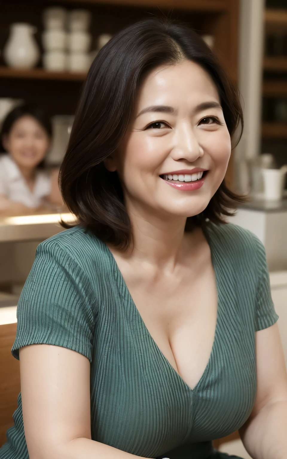 8k wallpaper, masterpiece, highest quality, Ultra-detailed, One mature woman, 50 years old, Highly revealing, Wearing a spring-like shirt, Skin dents, A seductive smile, Looking at the audience, Cleavage, plump, Curvaceous, Seductive face, Toothy smile, was happy, Sitting at a cafe, Background Blur