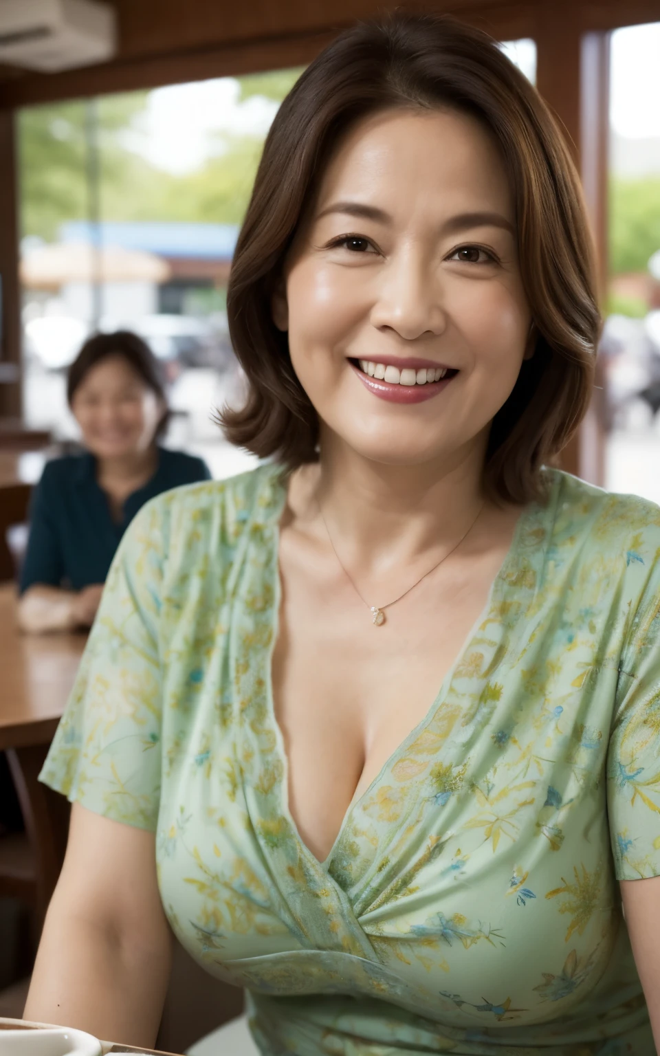 8k wallpaper, masterpiece, highest quality, Ultra-detailed, One mature woman, 50 years old, Highly revealing, Wearing a spring-like shirt, Skin dents, A seductive smile, Looking at the audience, Cleavage, plump, Curvaceous, Seductive face, Toothy smile, was happy, Sitting at a cafe, Background Blur