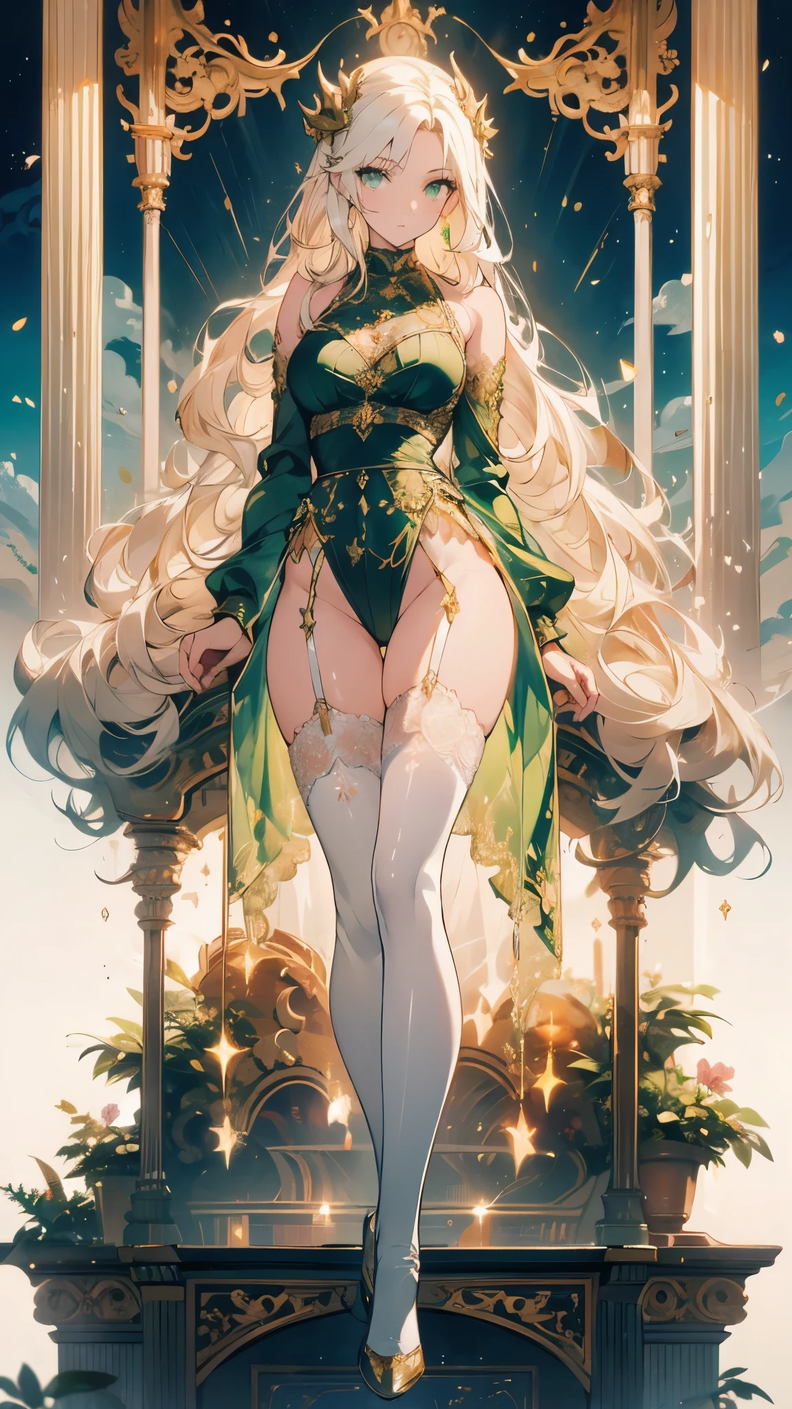 ((masterpiece, best quality)), Delicate face，Dragon Girl，gold，whole body，Standing picture，Long legs，Large Breasts，Gradient long wavy hair，Perfect body proportions，Beautiful green eyes，Extremely beautiful，transparent， Pure white background，cloud，fresh breeze，Erotic_lingerie，sexy，Lace，Garter stockings