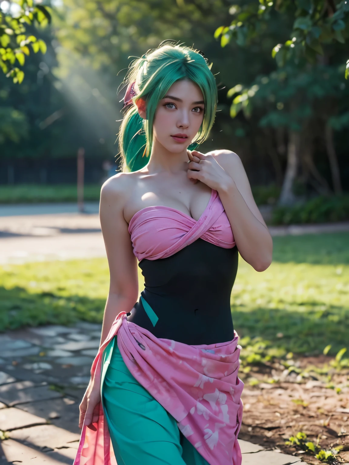 (masterpiece:1.2, Best Quality:1.2, 32K, High resolution), ((Ultra-realistic portrait of Juli, 1girl in, Green hair, Ponytail, body suit, Clothes Cutout, soft natural lighting, in the morning, minimum or soft  shadow in face, pink sarong, navel cutout, fish ear:1.35, monster tail:1.25, long Tail:1.25)), (medium cleavage:1.3, medium tits:1.3, medium boobs:1.3, medium breasts:1.3,  dynamic pose, (Detailed face, Detailed skin texture),in waterfall