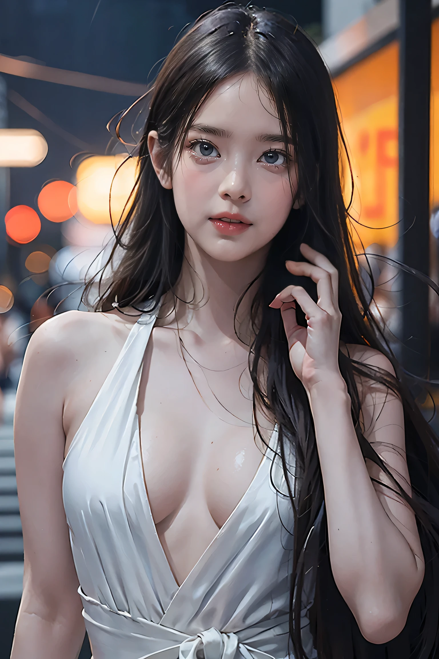 (((nsfw:0.9)))，Large Breasts，Small waist，(Sexy body)，Rainy night,city,Beautiful woman with gal make-up wearing a sports suit on the busy street of Gintama, Surrounded by sellers, Beautiful portrait of a stunning goddess girl, Beautifully detailed face, Porcelain-like skin, Full Body Shot, Centered, Super soft lighting, Symmetric, complicated, elegant, Very detailed, Realistic, Art Station, Concept Art, Smooth, Imagined by Greg Rutkowski and Boris Vallejo, cover, Trendy style