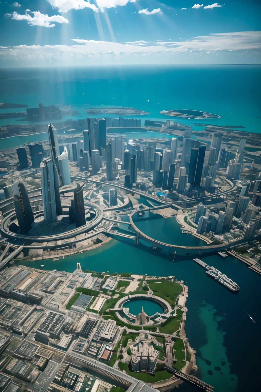 Overlooking the underwater city,Science Fiction,The Lost City of Atlantis,Large cities,Drone view