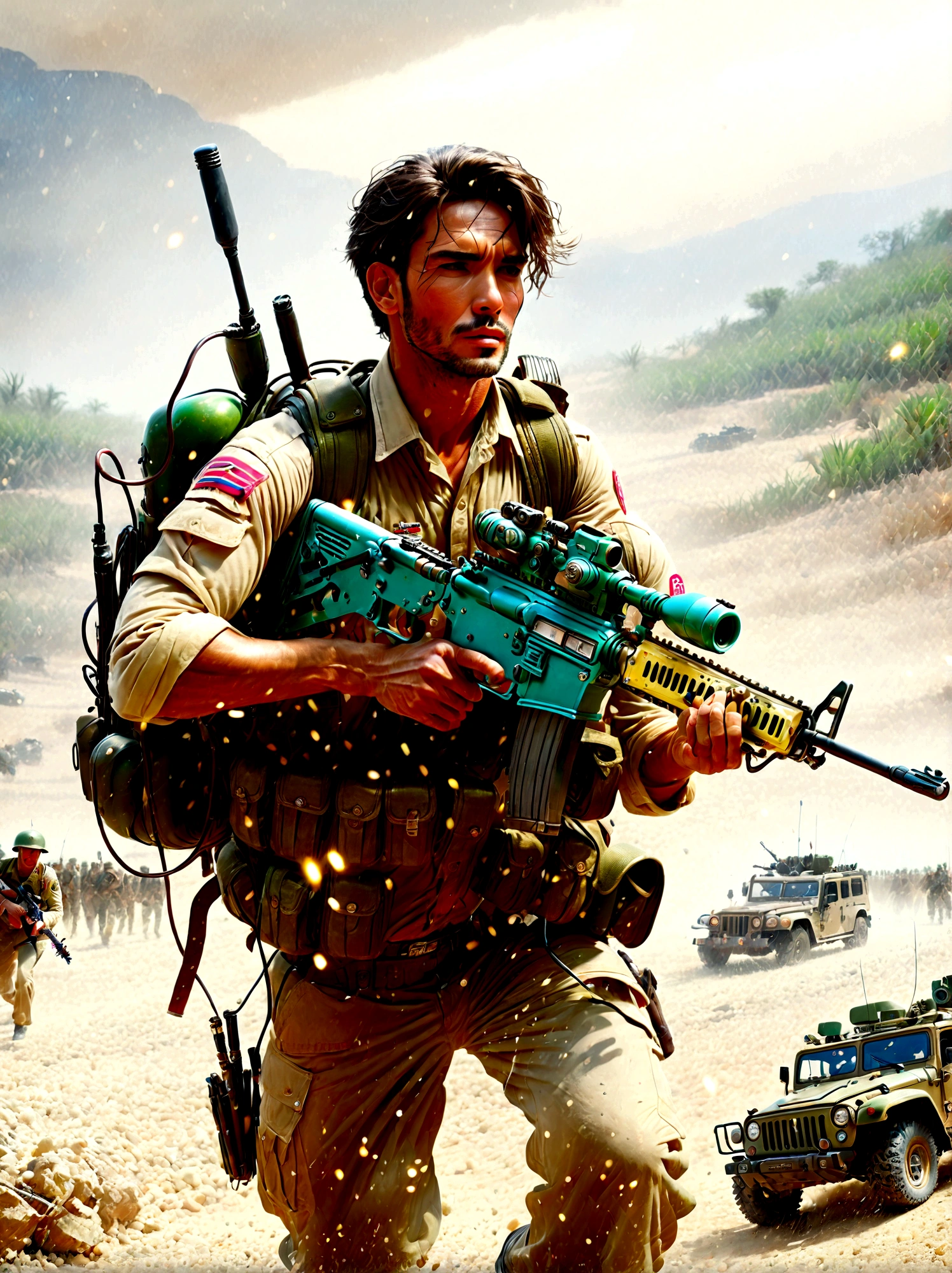 brave soldiers, (holding an assault rifle:1.3), (carrying a guitar on his back:1.5), fierce battle, fighting Vietnamese enemy, harsh war conditions, foxholes, month-long struggle, battle scars, shrapnel wounds, honorable medals, rugged terrain, intense combat, determined expressions, realistic details, war-torn environment, heroic actions, muddy and worn uniforms, smoke and debris, dramatic lighting, vivid colors, highly detailed, epic war scene, (masterpiece: 2), best quality, ultra highres, original, extremely detailed, perfect lighting