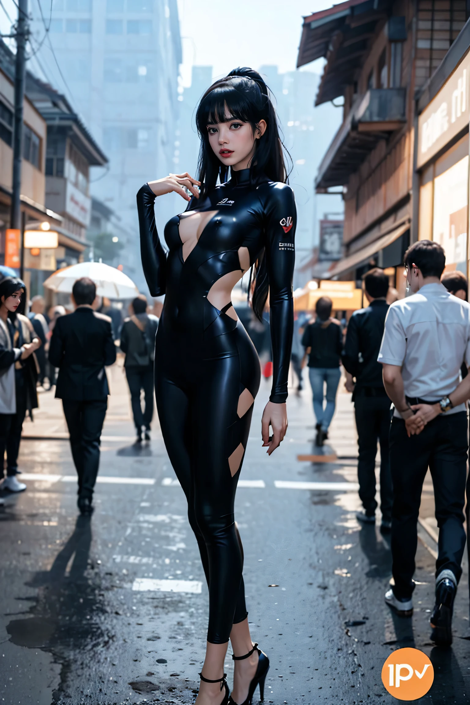 (((nsfw:0.9))),Large Breasts,Small waist,(Sexy body),Rainy night,city,Beautiful woman with gal make-up wearing a sports suit on the busy street of Gintama, Surrounded by sellers, Beautiful portrait of a stunning goddess girl, Beautifully detailed face, Porcelain-like skin, Full Body Shot, Centered, Super soft lighting, Symmetric, complicated, elegant, Very detailed, Realistic, Art Station, Concept Art, Smooth, Imagined by Greg Rutkowski and Boris Vallejo, cover, Trendy style