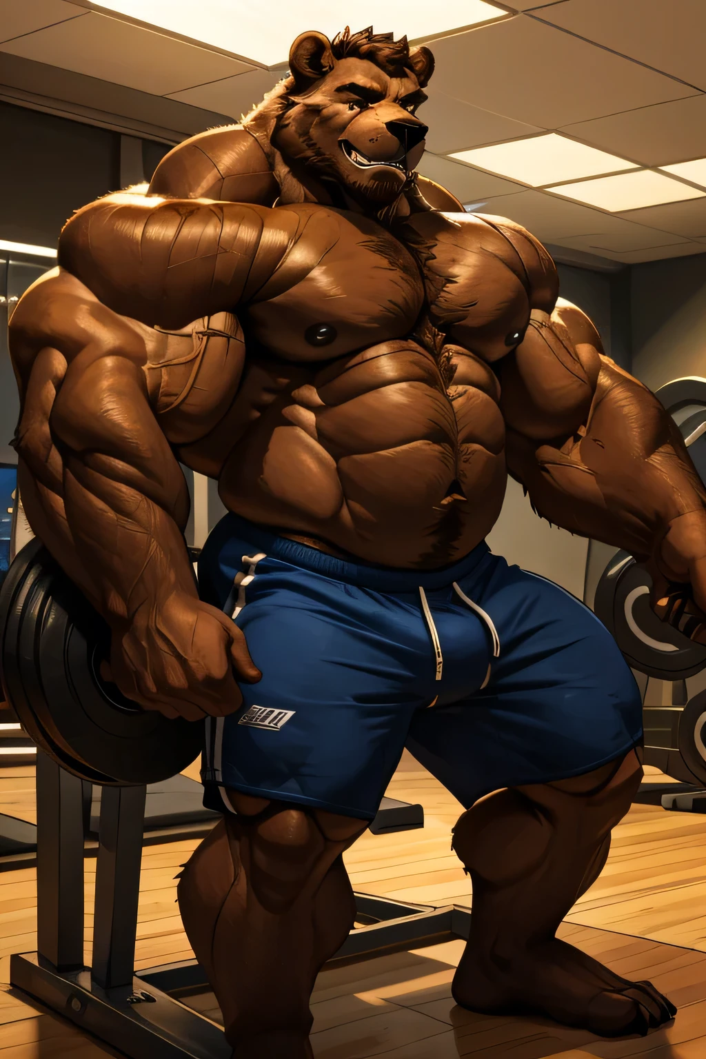 (best quality, 4k, highres, masterpiece:1.2), ultra-detailed, fury, furry art (realistic, photorealistic, photo-realistic:1.37), massive muscular, huge muscular, chubby Grizzly bear, working out, incline bench press, workout in the gym, pumping his huge pectoral muscles, straining, sweating, black shorts and black wristbands, lifting heaviest weight, barbells, gym equipments, brown hair, thick brown fur, super thick arms, super big pectoral, super wide hairy pectoral, topless, shirtless, eyebrows, impressive brown beard, strong jawline, kind eyes, strong arms, proud posture, well-built physique, professional lighting and backdrop, intense shadows, vibrant colors, dramatic composition, gritty texture, vintage aesthetic, dynamic perspective. Add textures and details to make the image more realistic, such as the appearance of the body built muscles texture and the appearance of the brown fur, pumping up